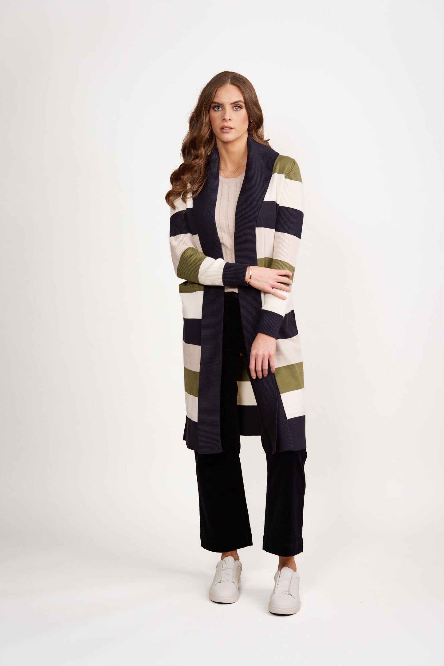 1065 Sage Stripe - Open Longline Cardi with Pockets - Vassalli
