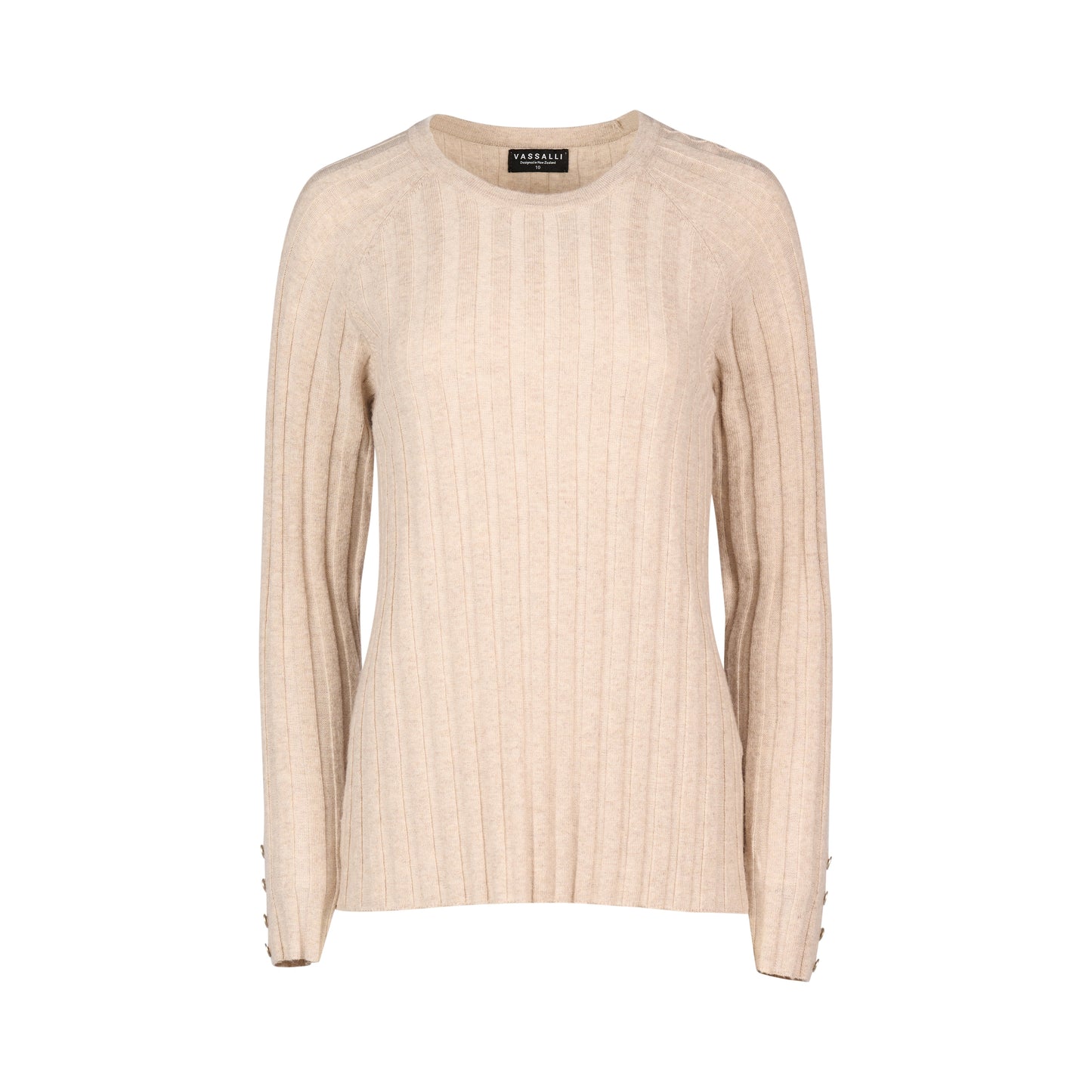 1071 Oatmeal - Round Neck Ribbed Knit Jumper with Dome Cuff Detail - Vassalli