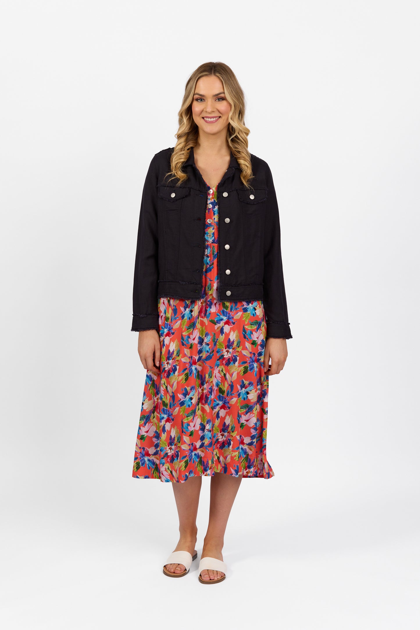 2026A Navy - Linen Jacket with Frayed Seams