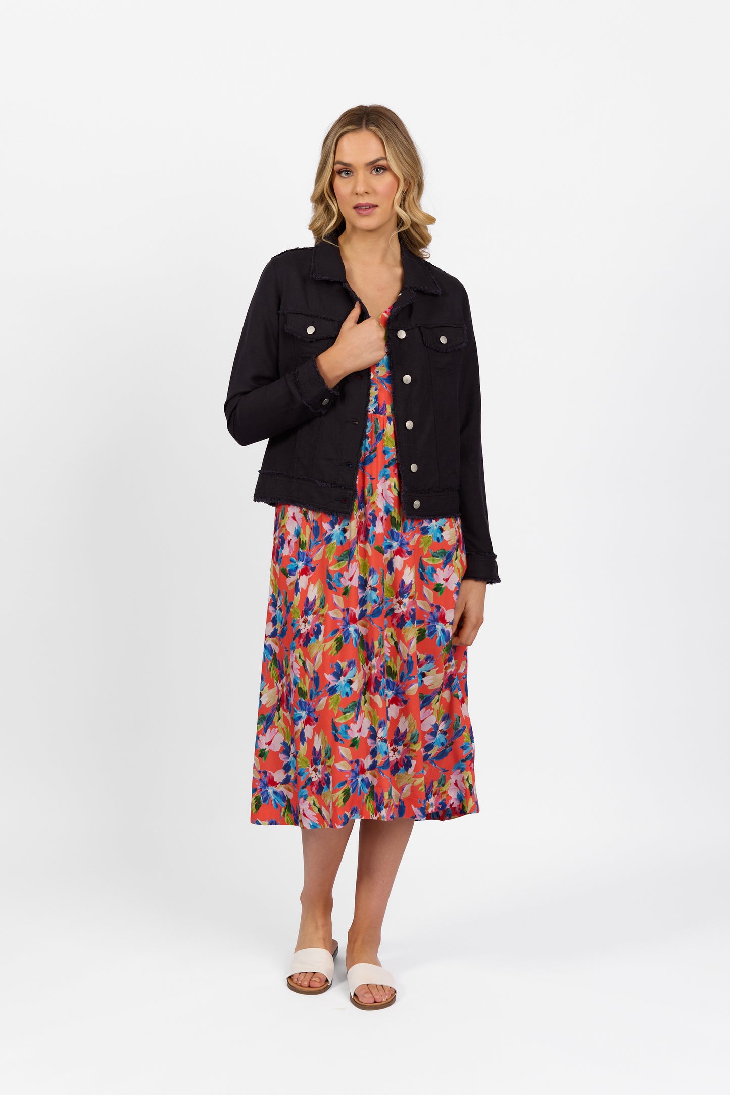 2026A Navy - Linen Jacket with Frayed Seams