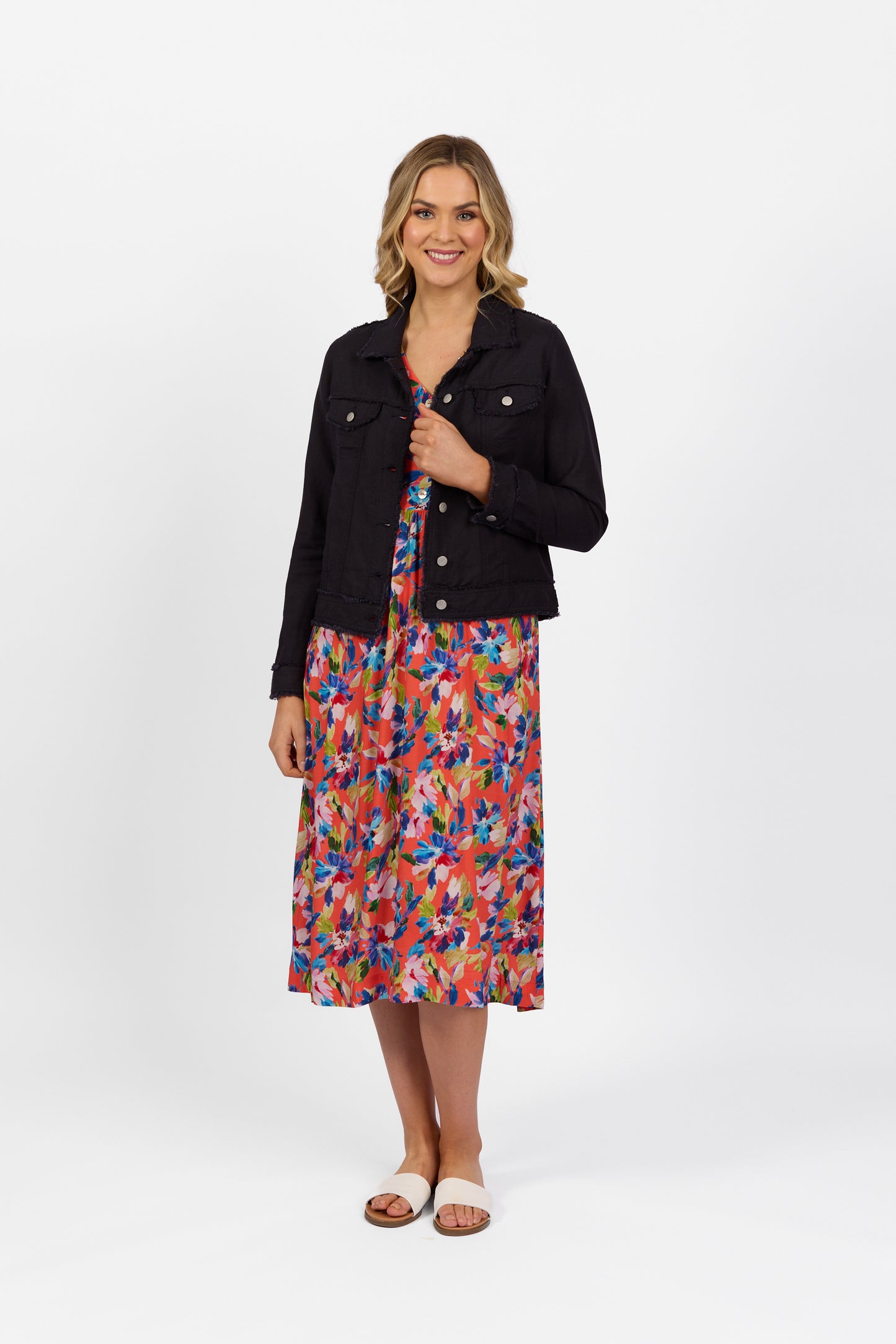 2026A Navy - Linen Jacket with Frayed Seams