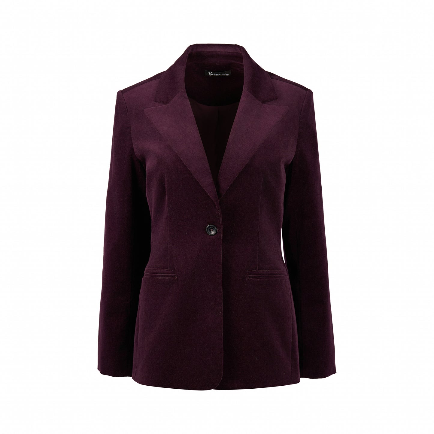 2063M Mulberry - Shaped Lined Cord Blazer with Back Vent and Button Cuff Detail - Vassalli