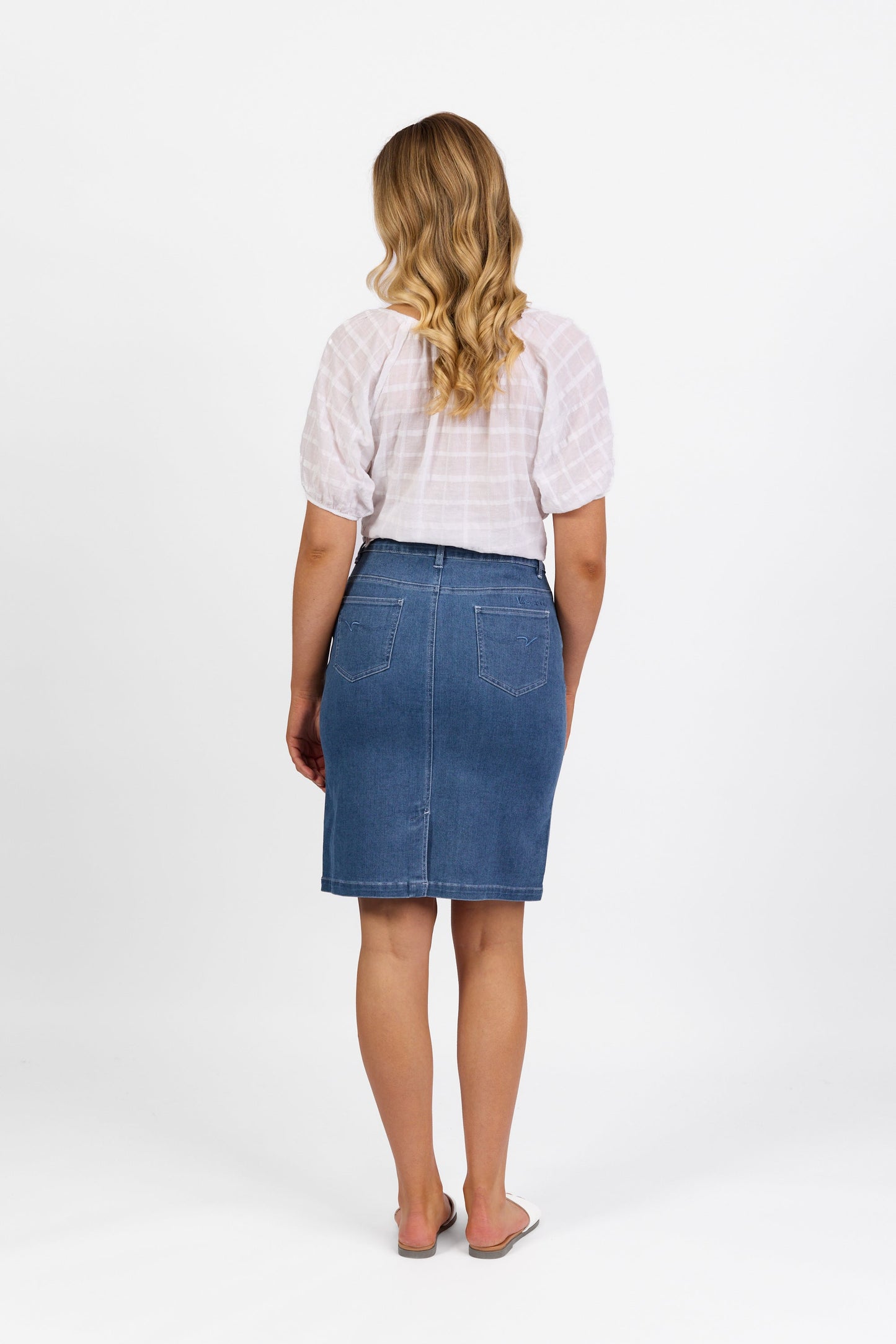 372AV Blue Hue - Plain Denim Skirt with Back Vent - Vassalli