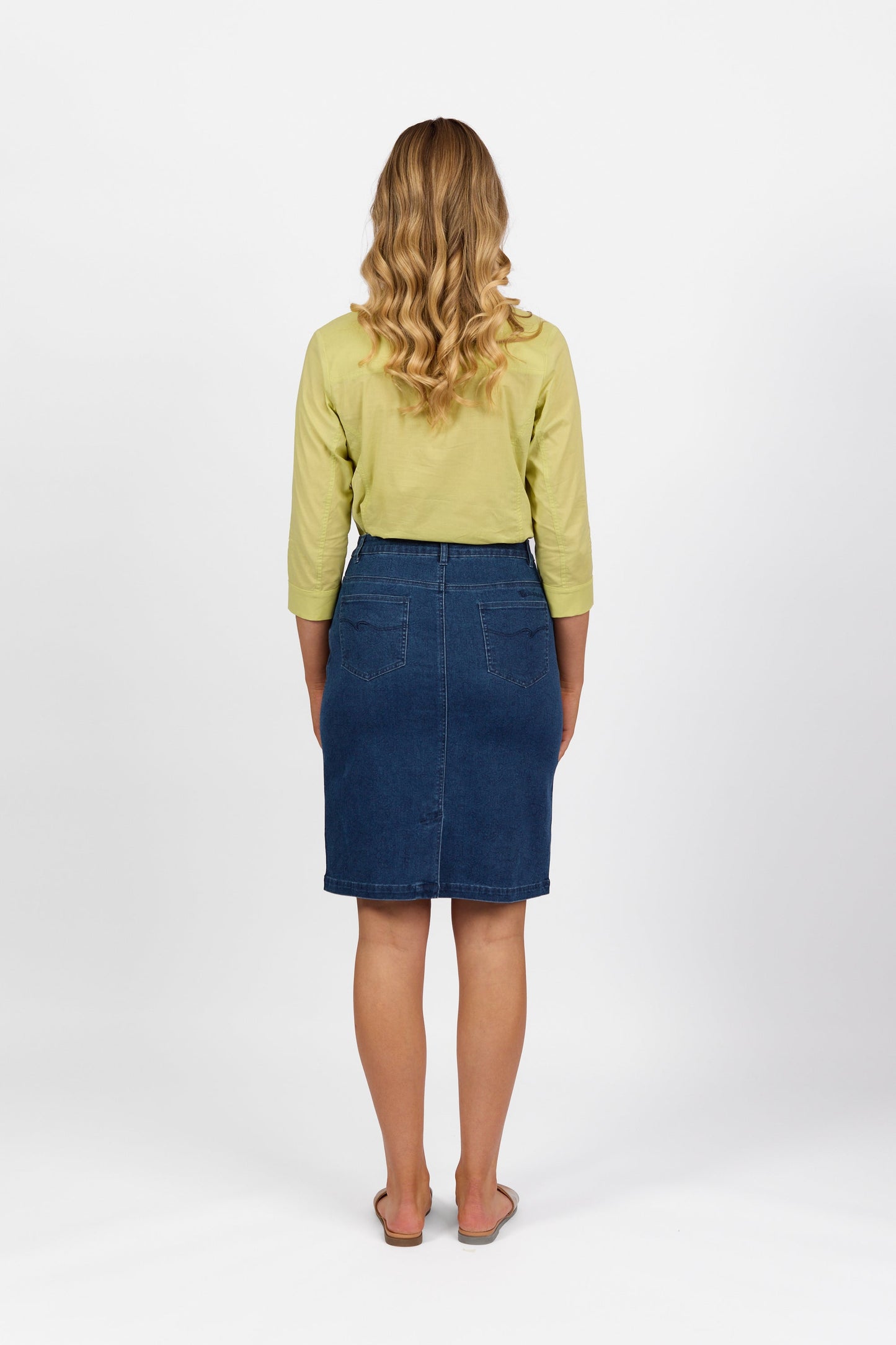 372AV Garden - Printed Denim Skirt with Back Vent - Vassalli