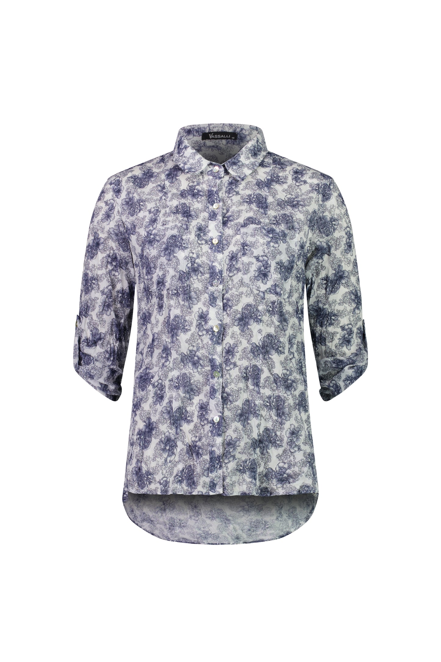 4164 Denim Floral - Crinkle Button Front Shirt With Tab Sleeves - Vassalli