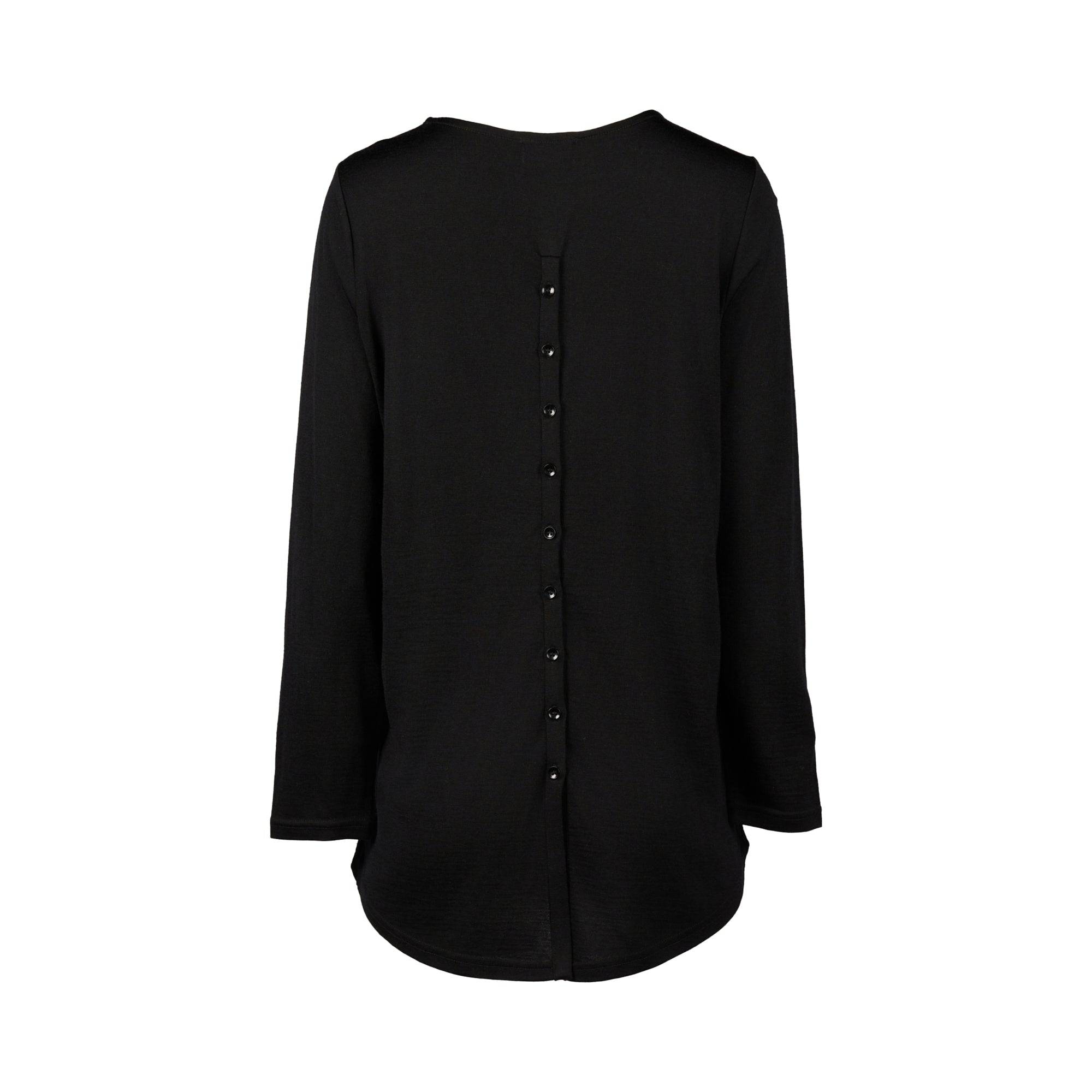 4349 Black - 100% Merino Long Sleeve Top With Back Button Placket - Vassalli
