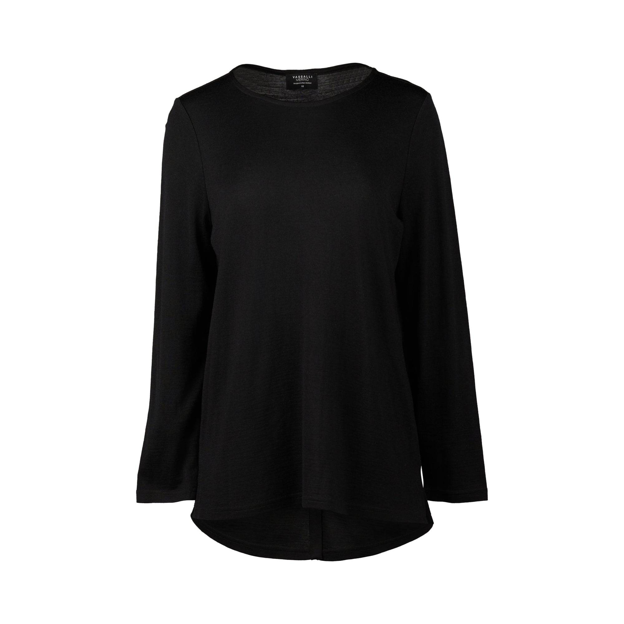 4349 Black - 100% Merino Long Sleeve Top With Back Button Placket - Vassalli