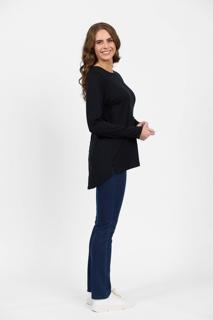 4349 Black - 100% Merino Long Sleeve Top With Back Button Placket - Vassalli