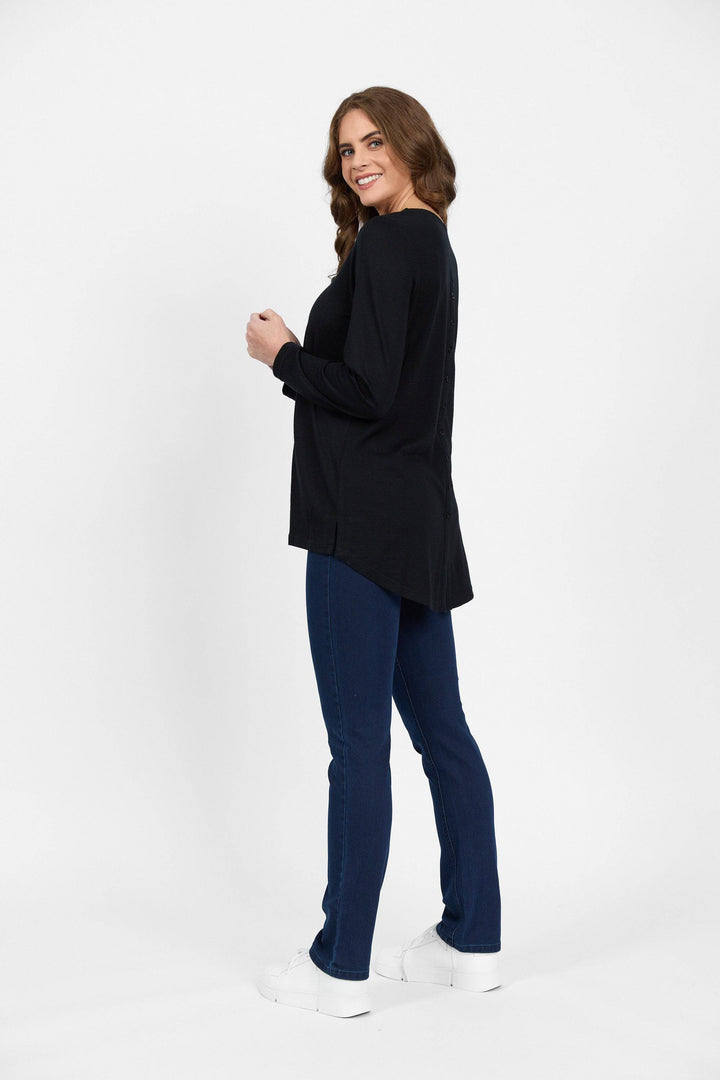 4349 Black - 100% Merino Long Sleeve Top With Back Button Placket - Vassalli