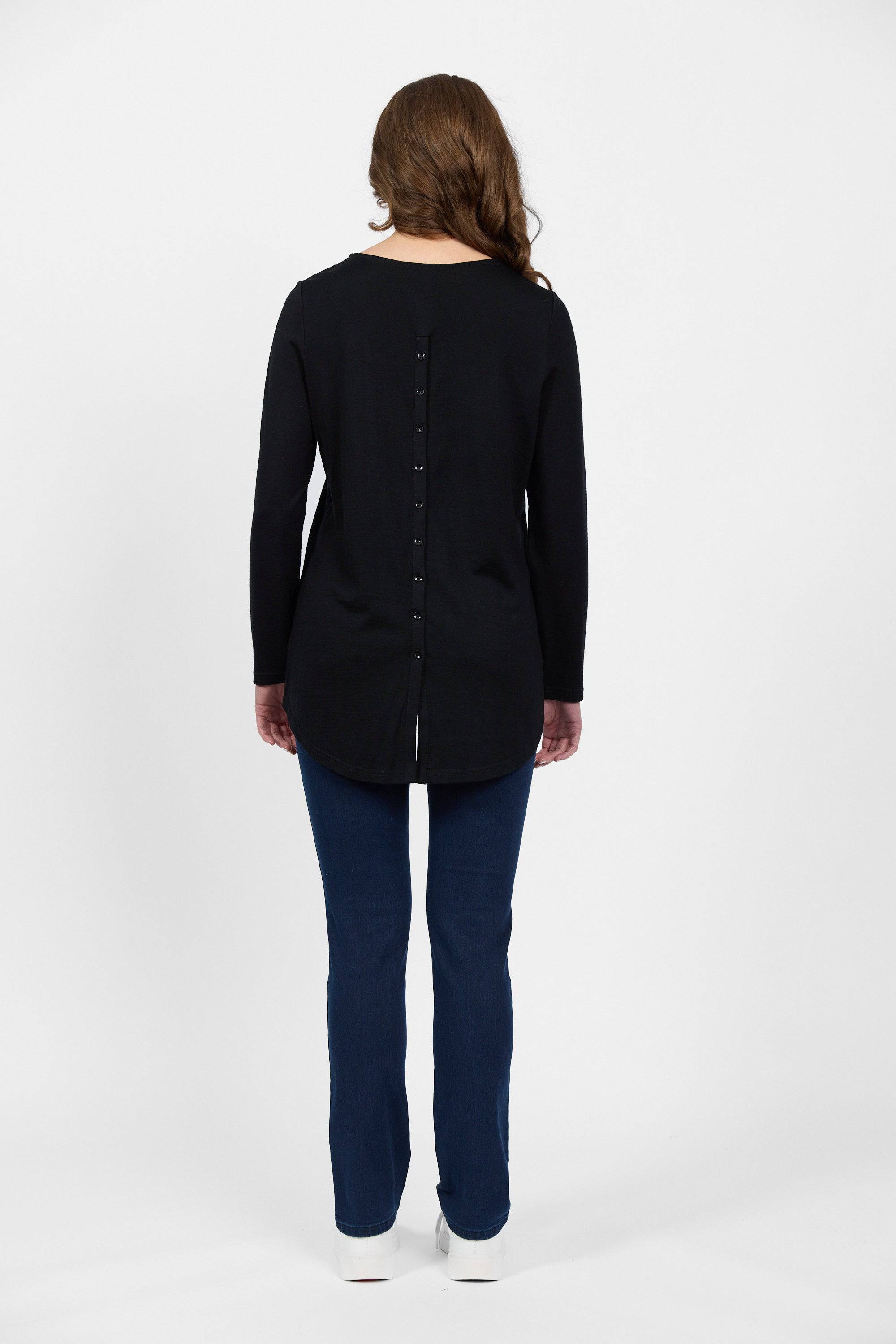 4349 Black - 100% Merino Long Sleeve Top With Back Button Placket - Vassalli