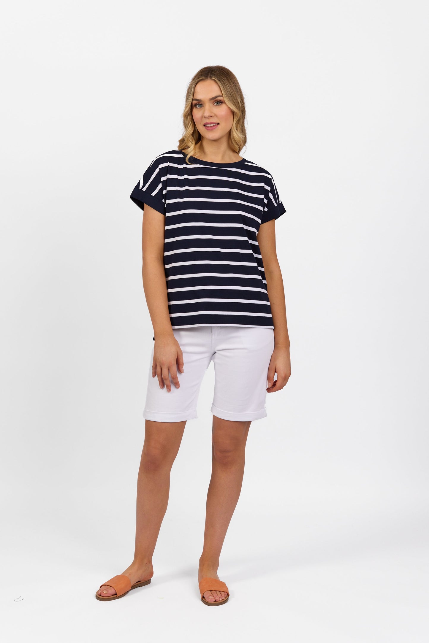 4363S Ink/White Stripe - Drop Sleeve Top with Stepped Hem - Vassalli