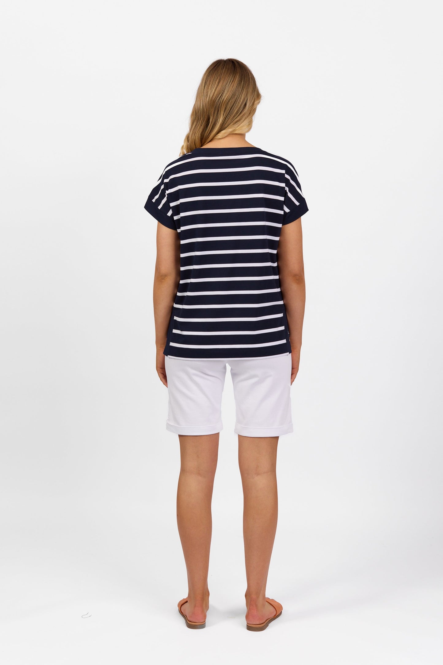 4363S Ink/White Stripe - Drop Sleeve Top with Stepped Hem - Vassalli