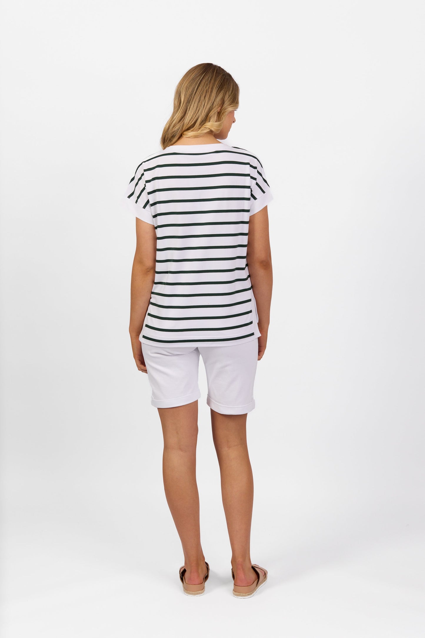 4363S White/Forest Stripe - Drop Sleeve Top with Stepped Hem