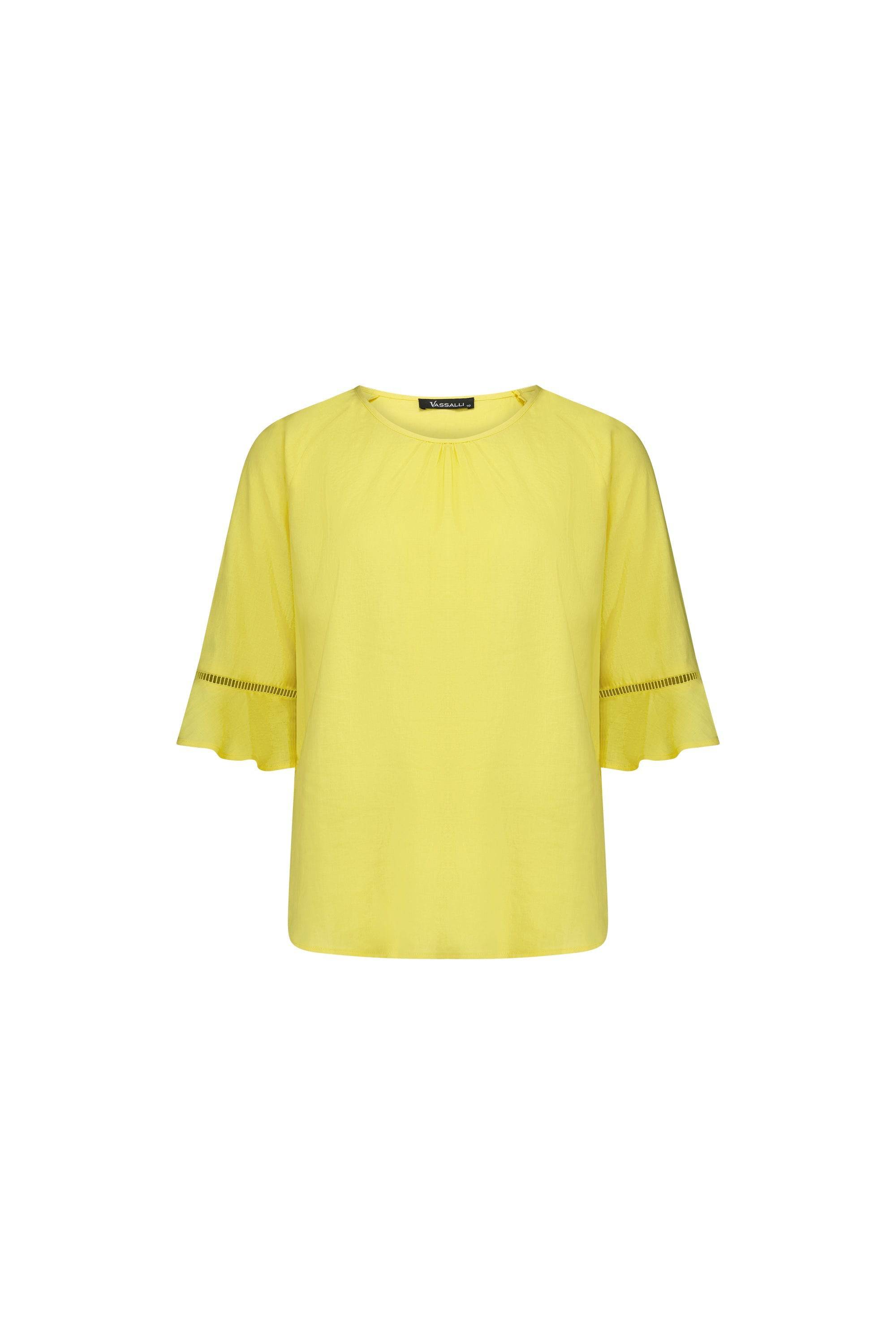 4382A Lemon - Round Neck Top with Elbow Length Frill Sleeve - Vassalli