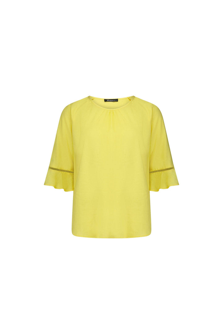 4382A Lemon - Round Neck Top with Elbow Length Frill Sleeve - Vassalli
