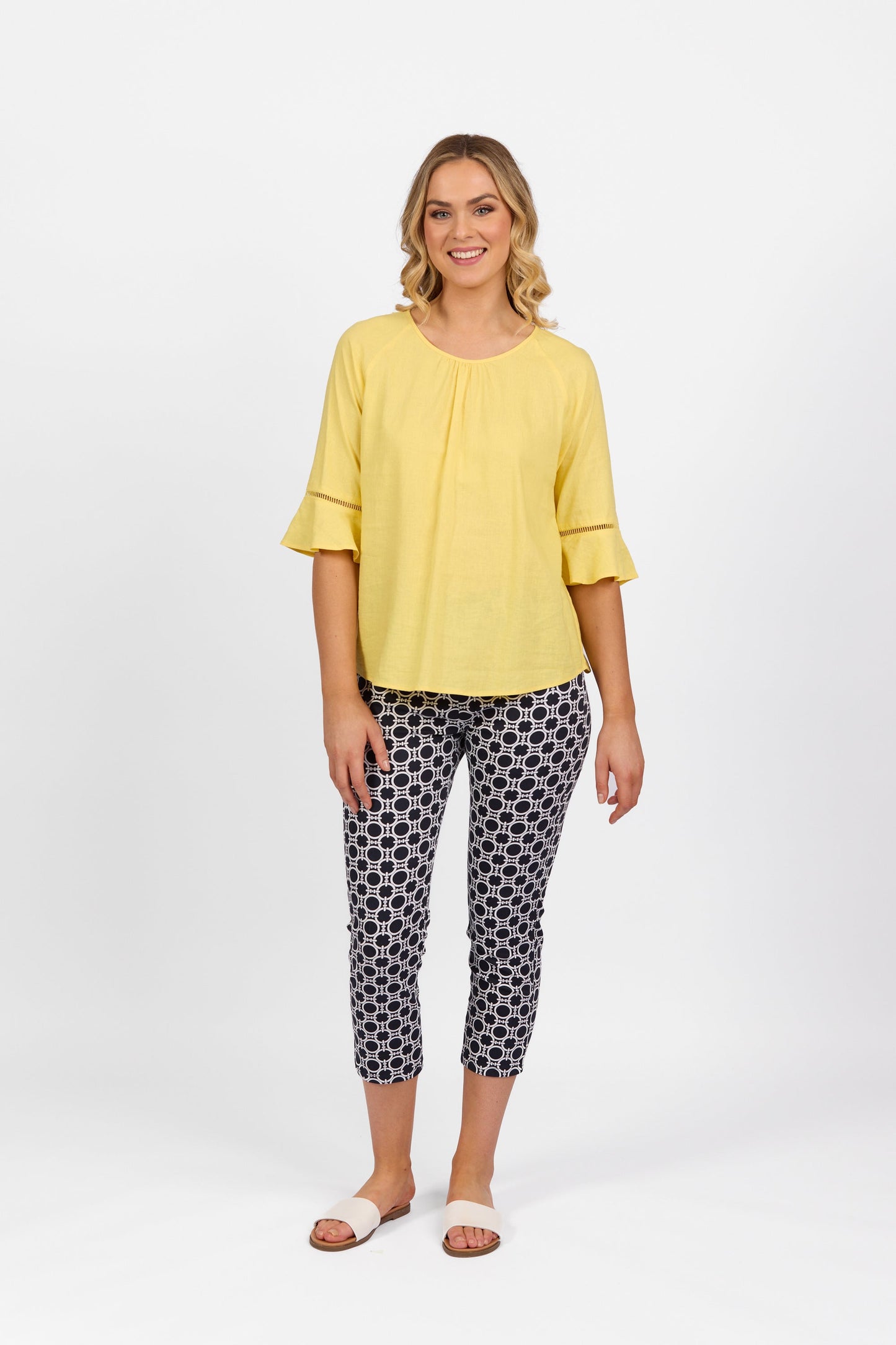 4382A Lemon - Round Neck Top with Elbow Length Frill Sleeve