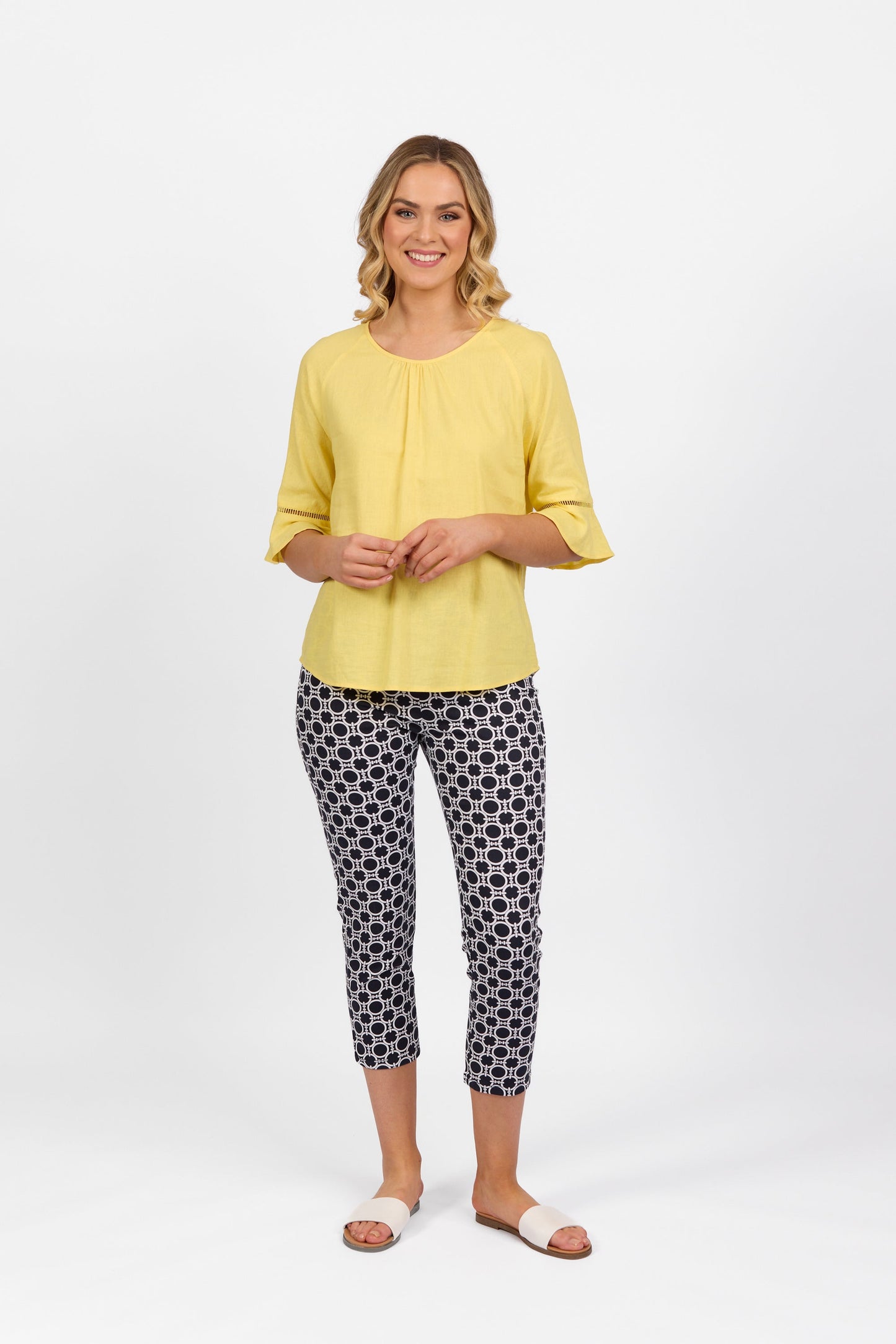 4382A Lemon - Round Neck Top with Elbow Length Frill Sleeve
