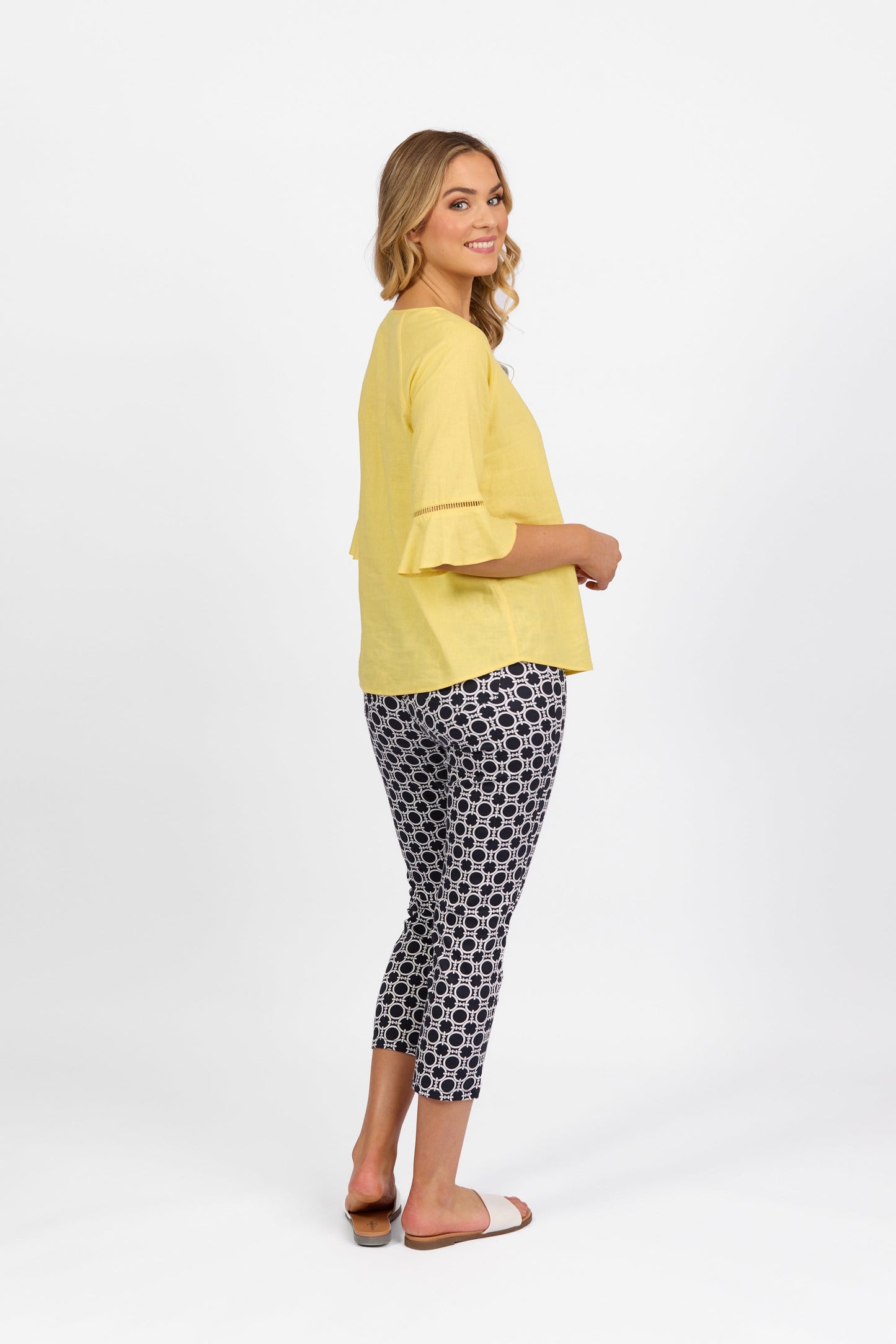 4382A Lemon - Round Neck Top with Elbow Length Frill Sleeve