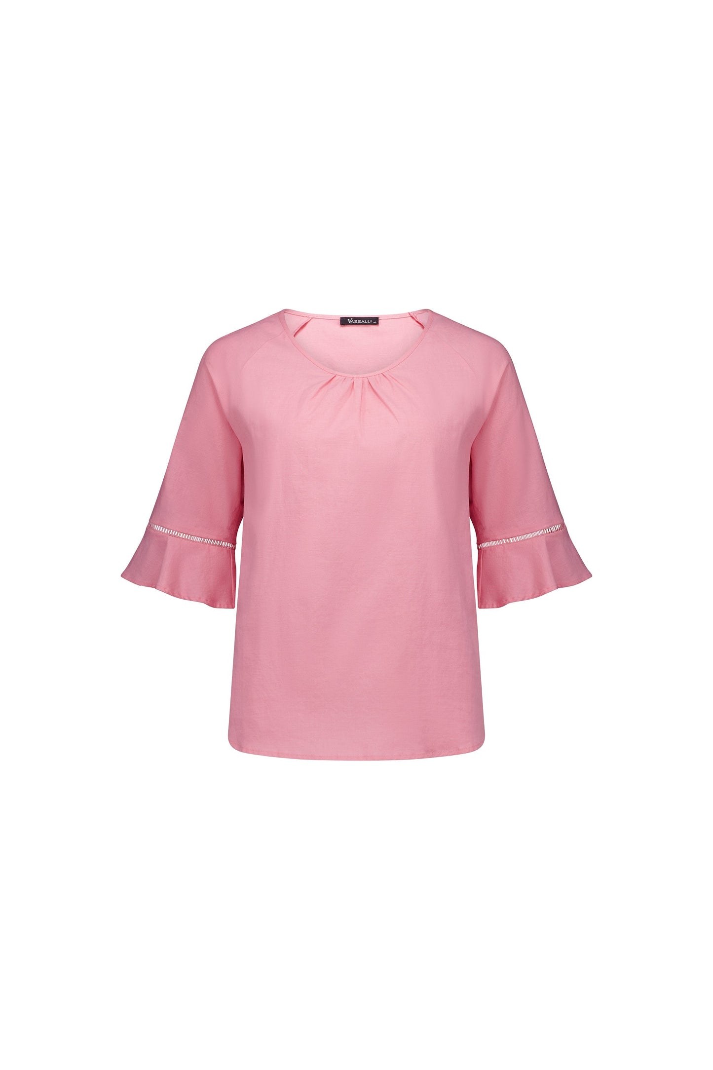 4382A Pink - Round Neck Top with Elbow Length Frill Sleeve - Vassalli