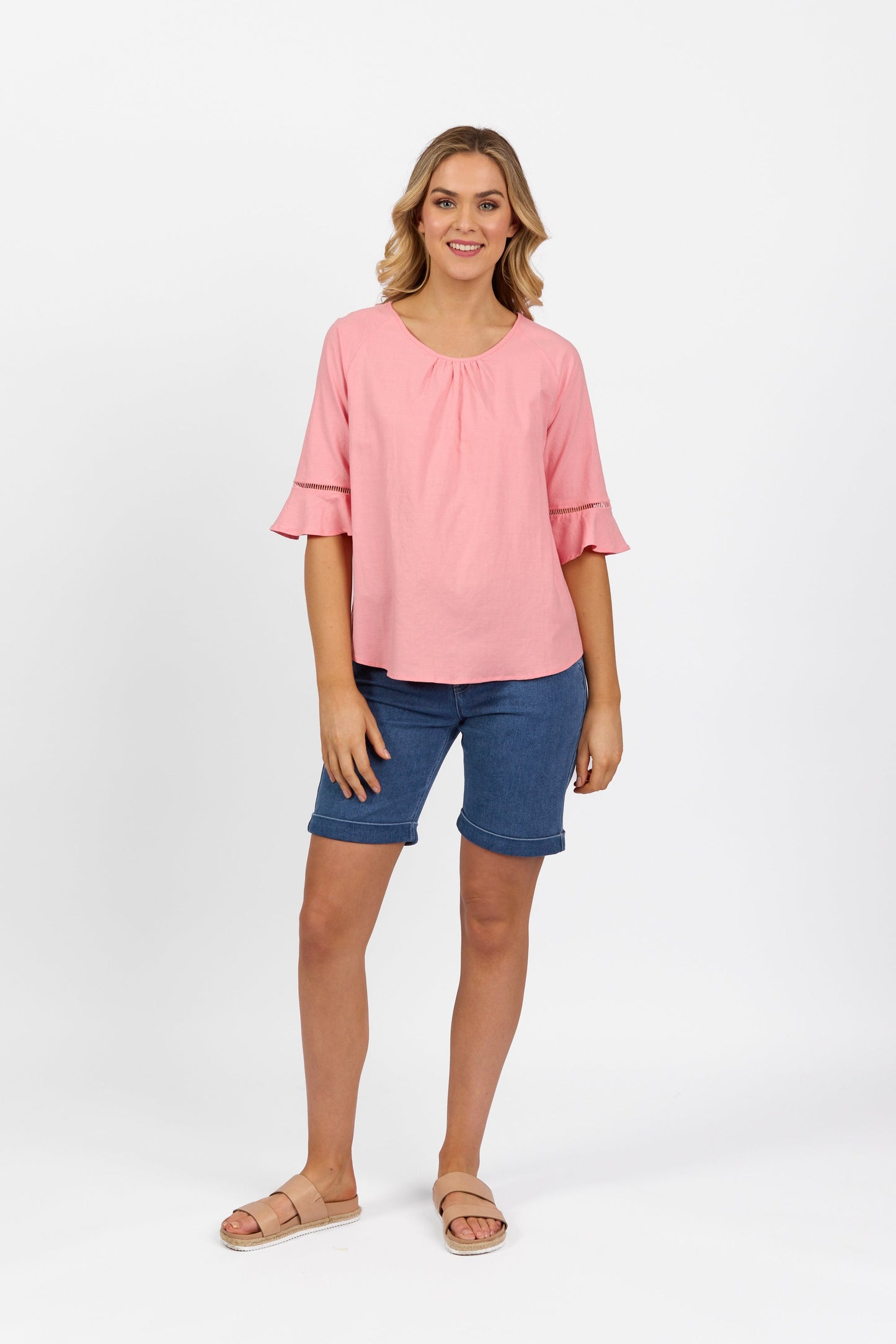 4382A Pink - Round Neck Top with Elbow Length Frill Sleeve - Vassalli