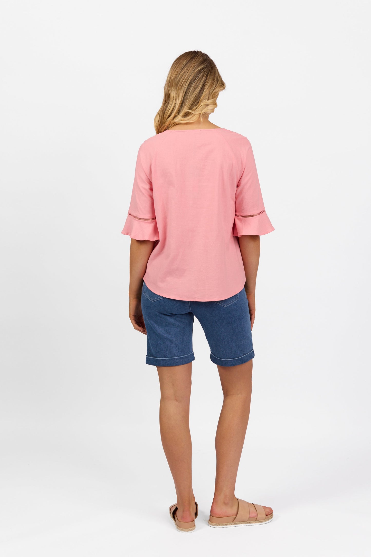 4382A Pink - Round Neck Top with Elbow Length Frill Sleeve - Vassalli