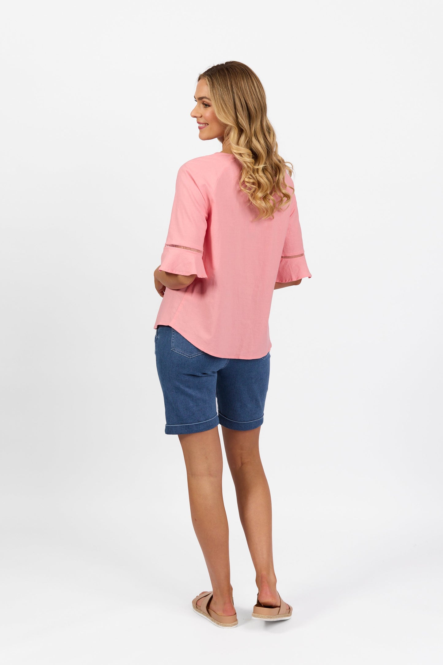 4382A Pink - Round Neck Top with Elbow Length Frill Sleeve - Vassalli