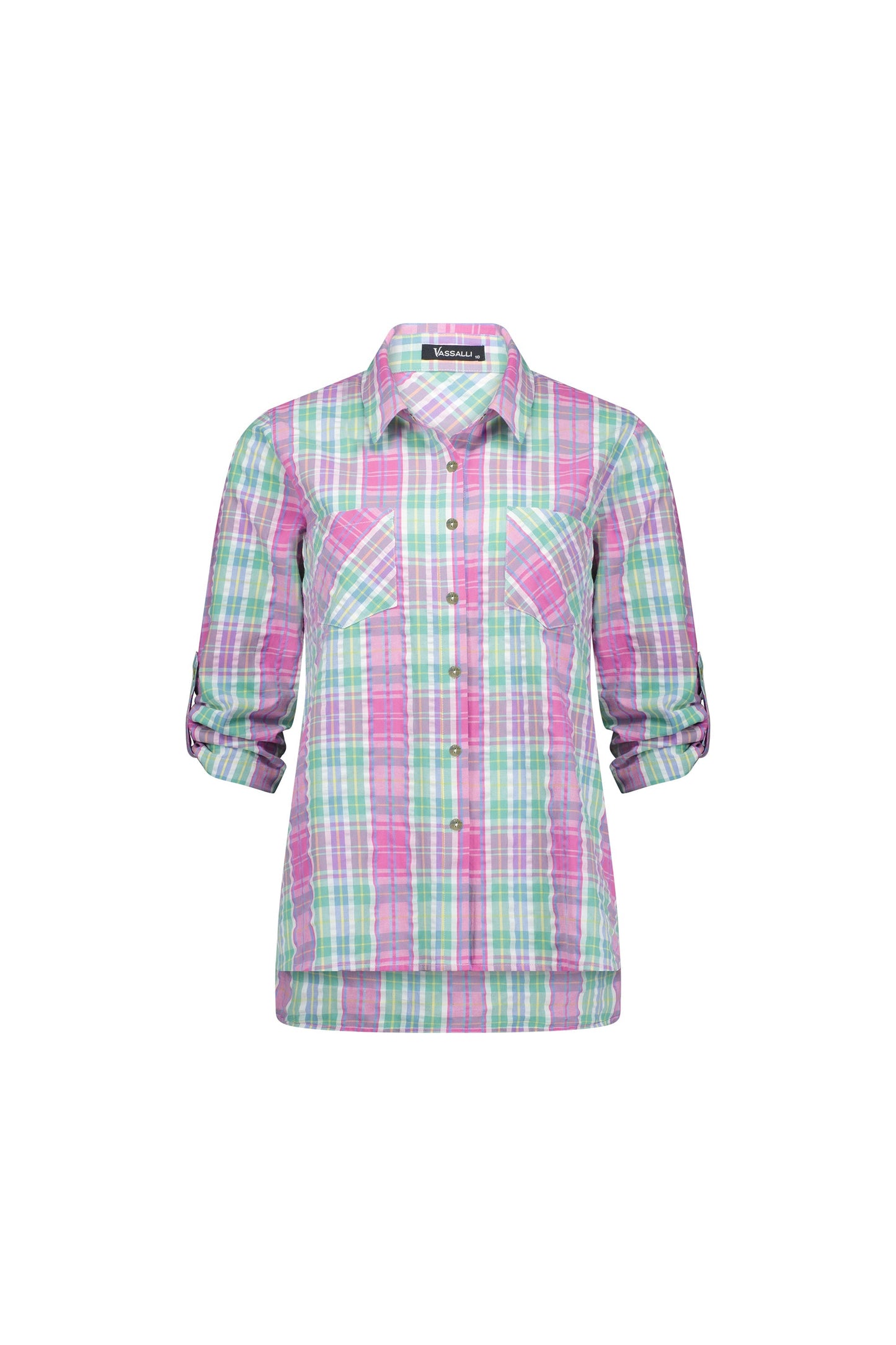 4384 Pink Check - Button Front Shirt with Tab Sleeve
