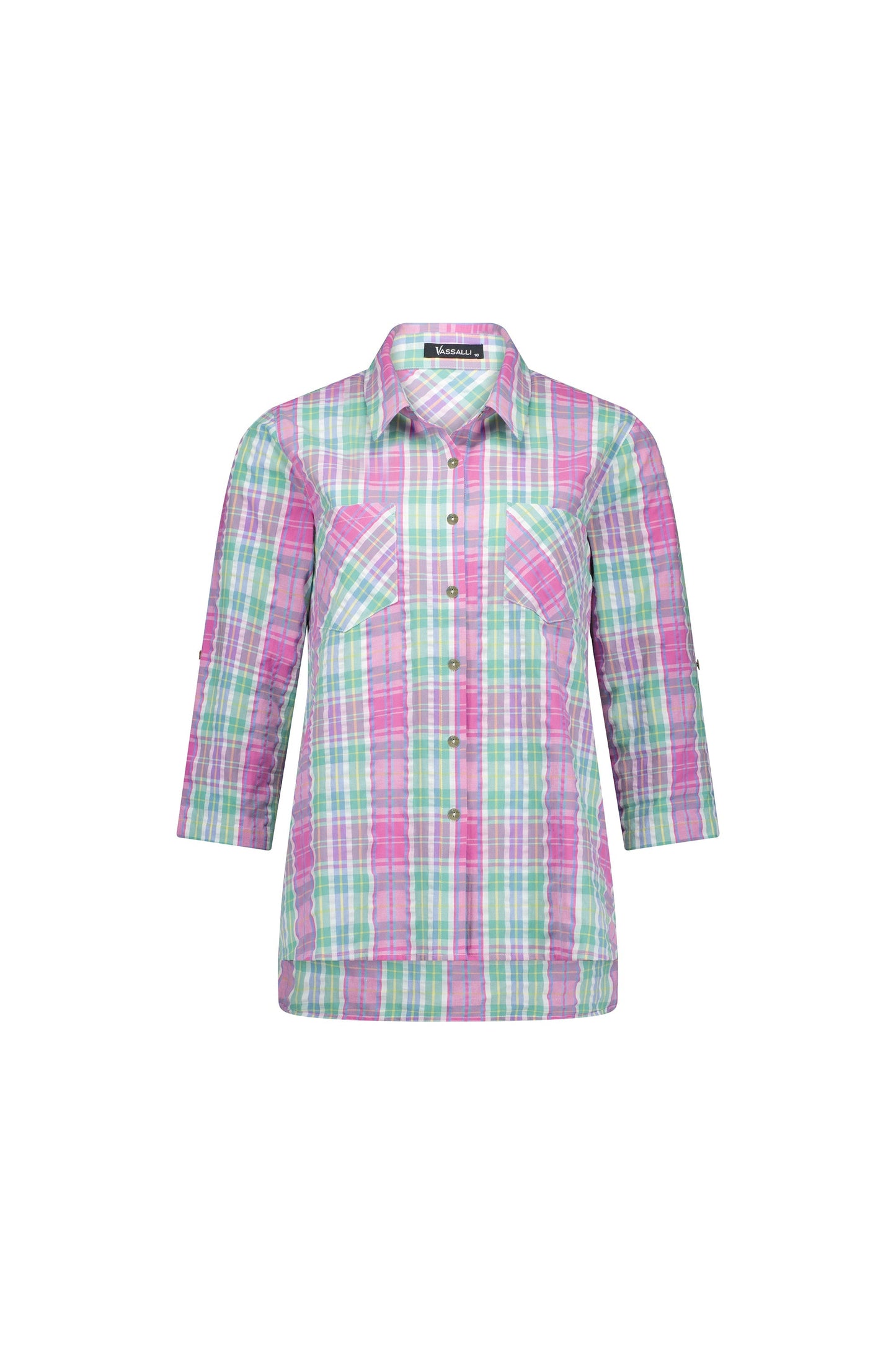 4384 Pink Check - Button Front Shirt with Tab Sleeve