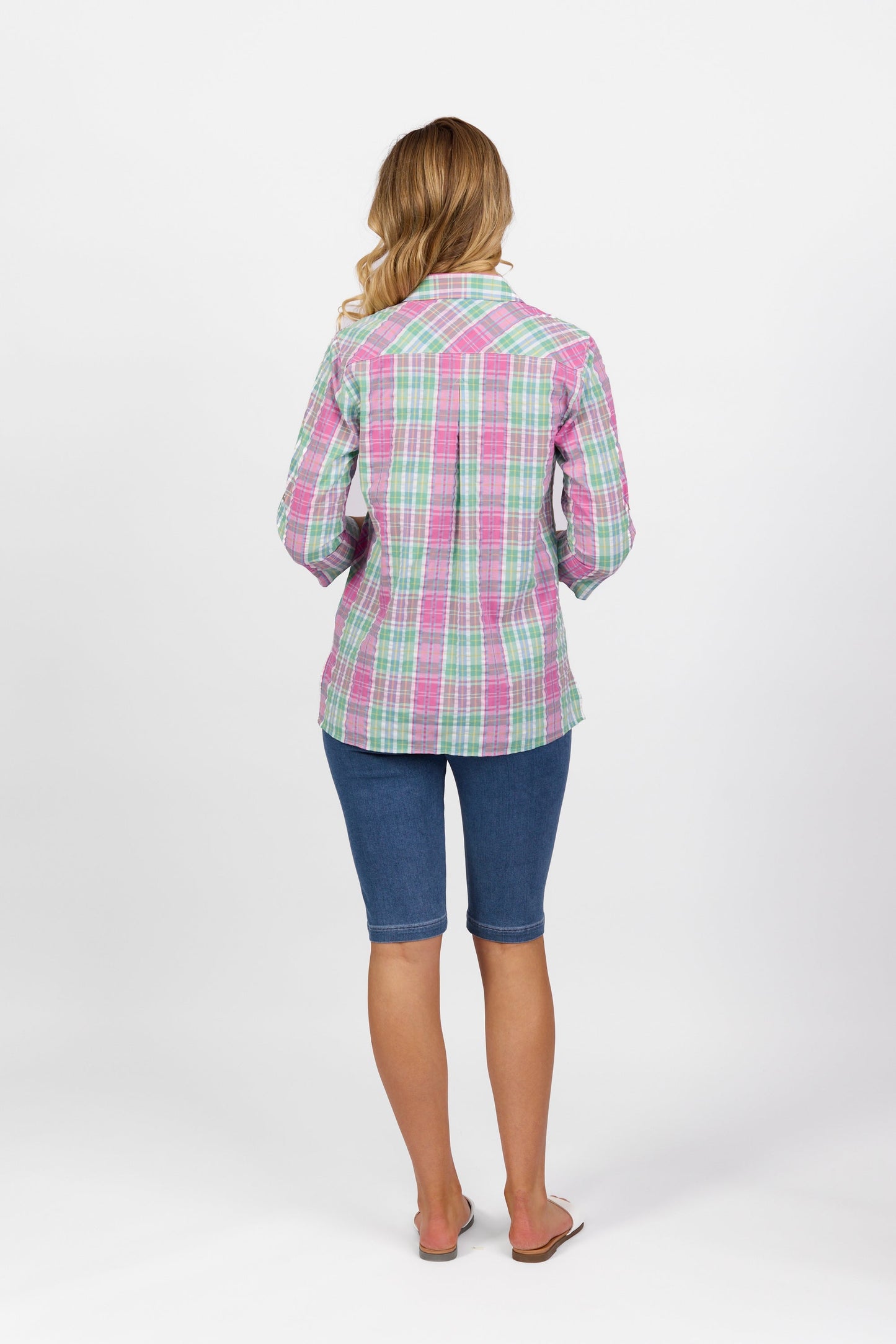 4384 Pink Check - Button Front Shirt with Tab Sleeve