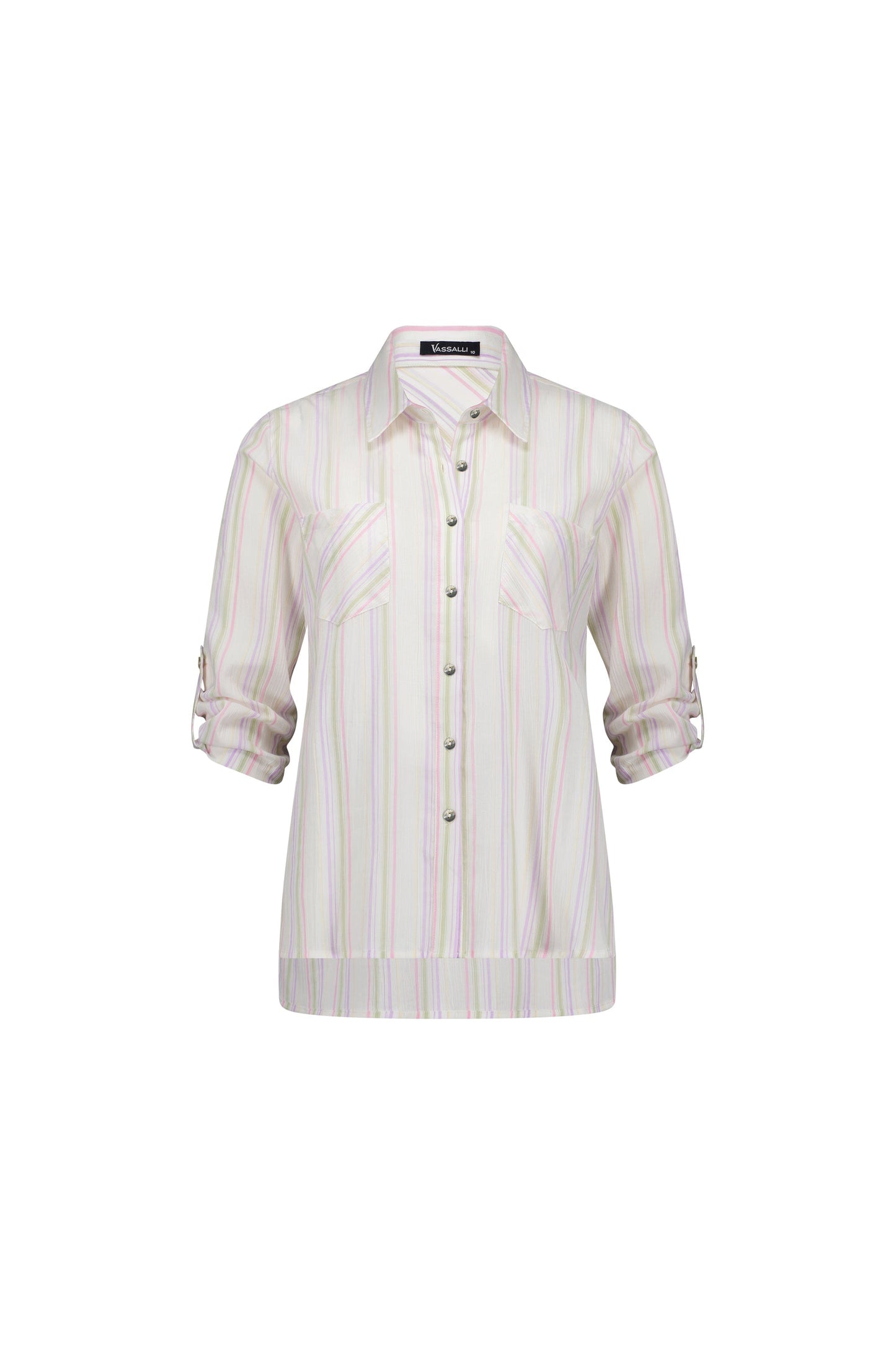4384 Stripe - Button Front Shirt with Tab Sleeve - Vassalli
