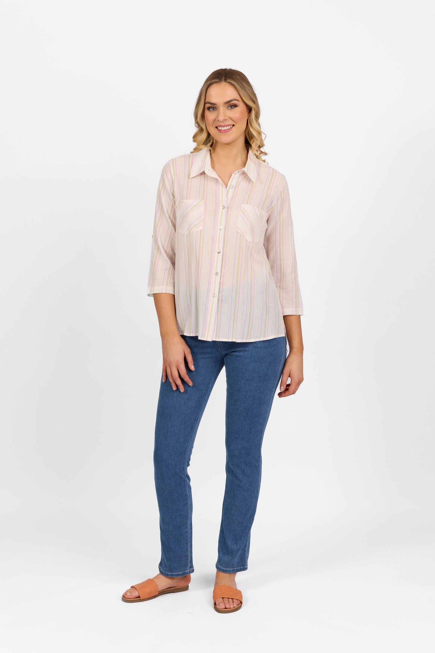 4384 Stripe - Button Front Shirt with Tab Sleeve - Vassalli