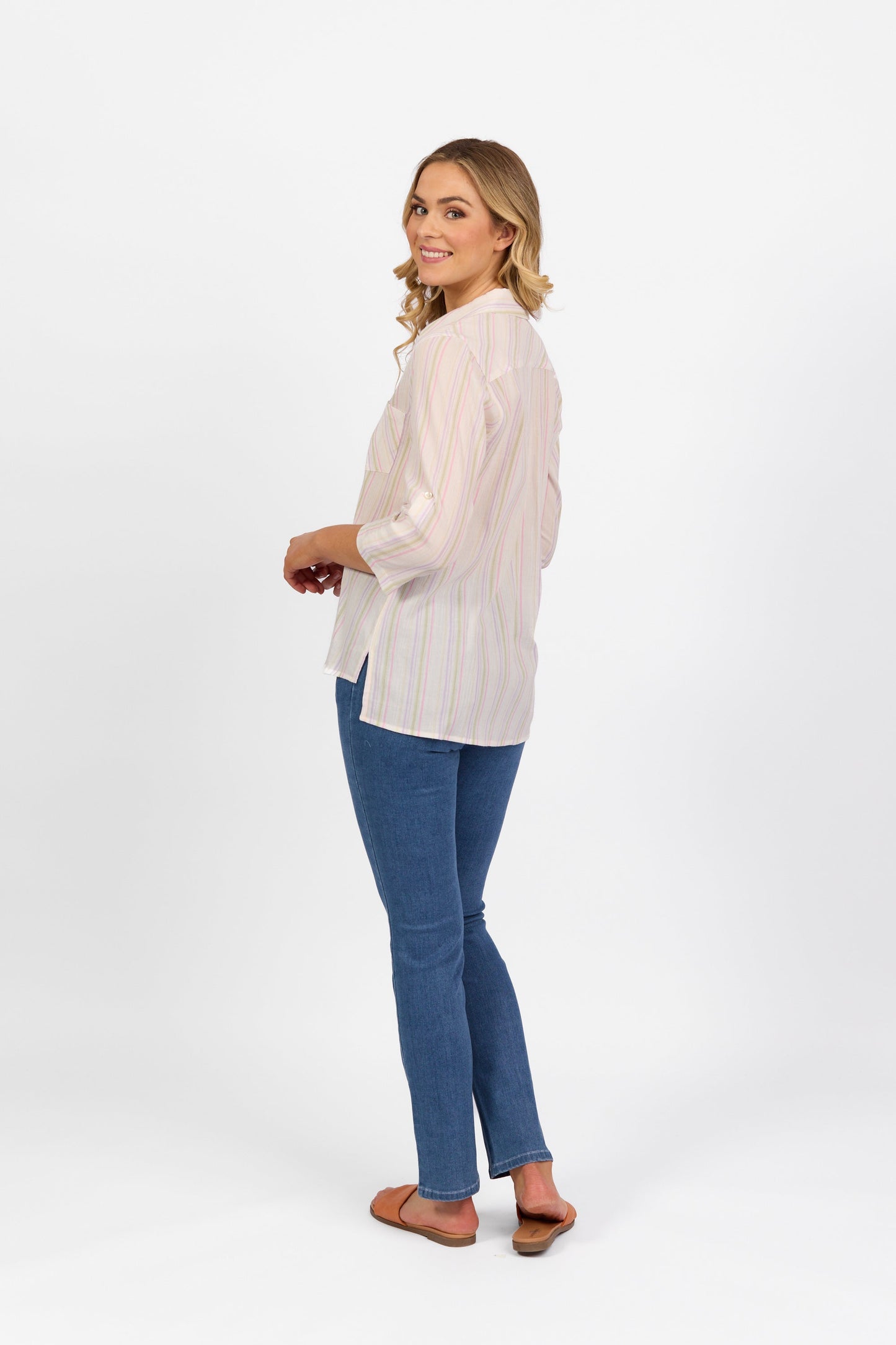 4384 Stripe - Button Front Shirt with Tab Sleeve - Vassalli