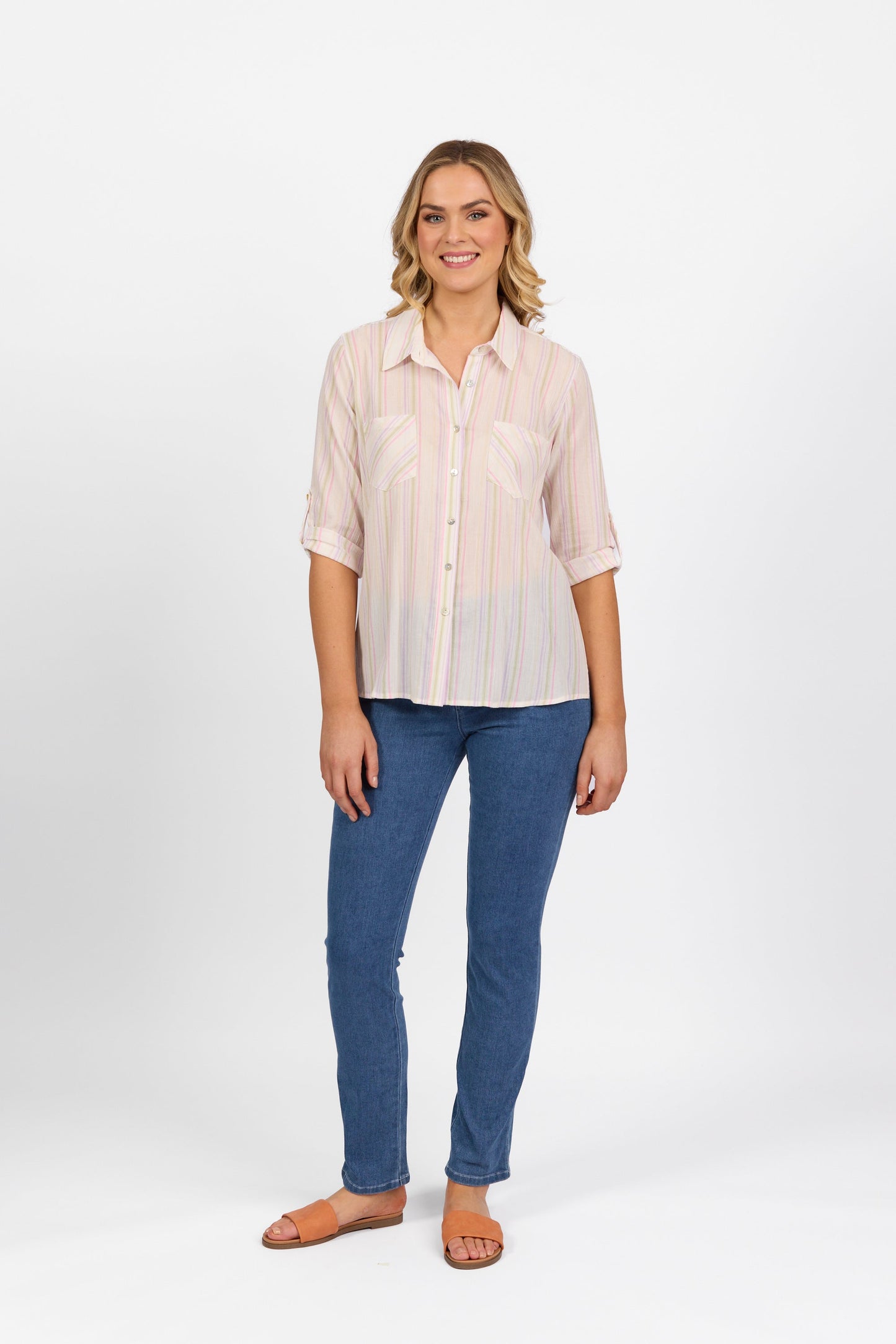 4384 Stripe - Button Front Shirt with Tab Sleeve - Vassalli
