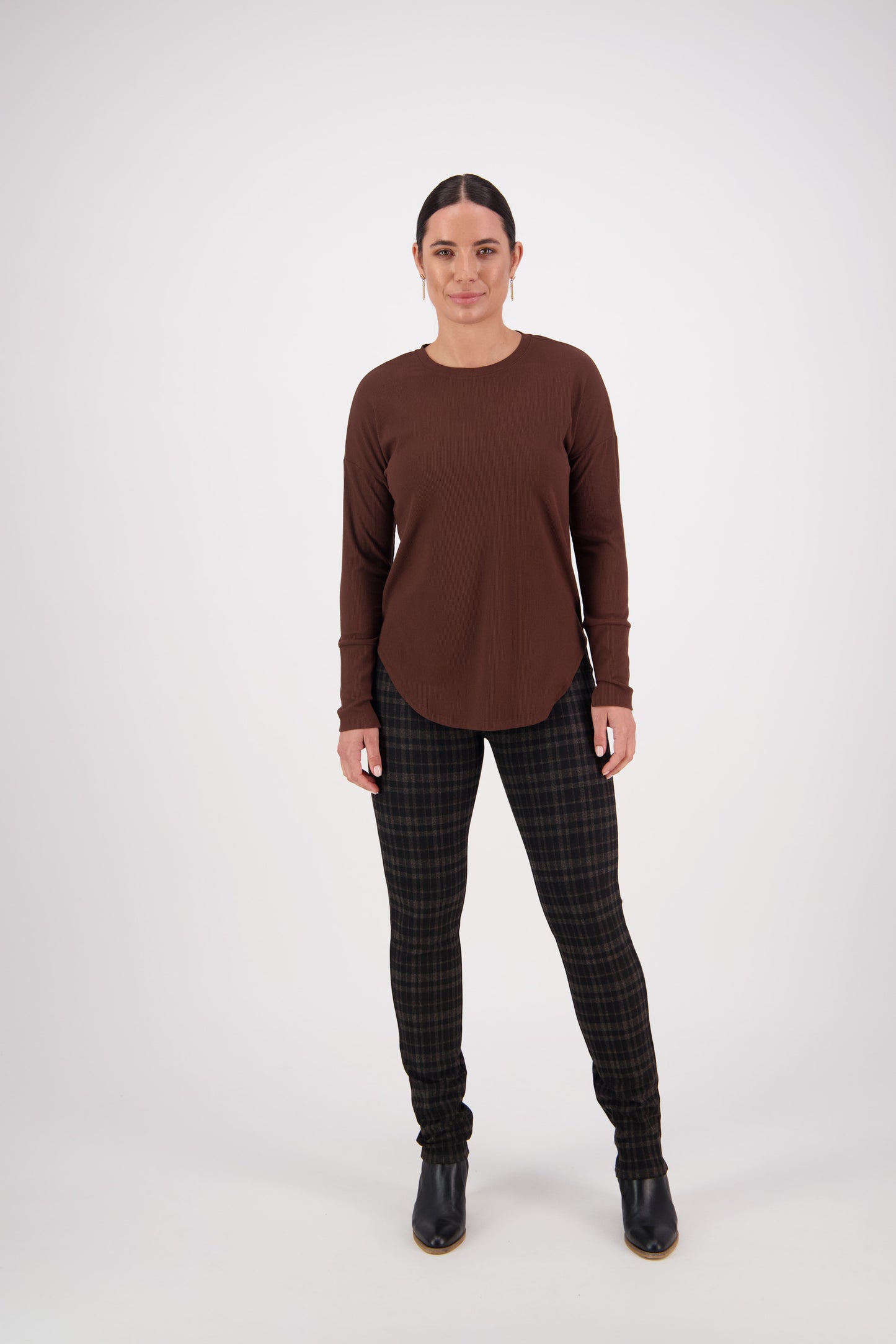 4396A Chocolate - Round Neck Top with Cuff Detail - Vassalli
