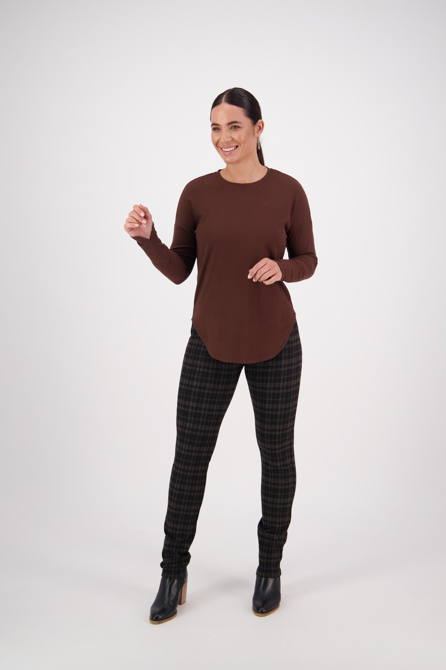 4396A Chocolate - Round Neck Top with Cuff Detail - Vassalli
