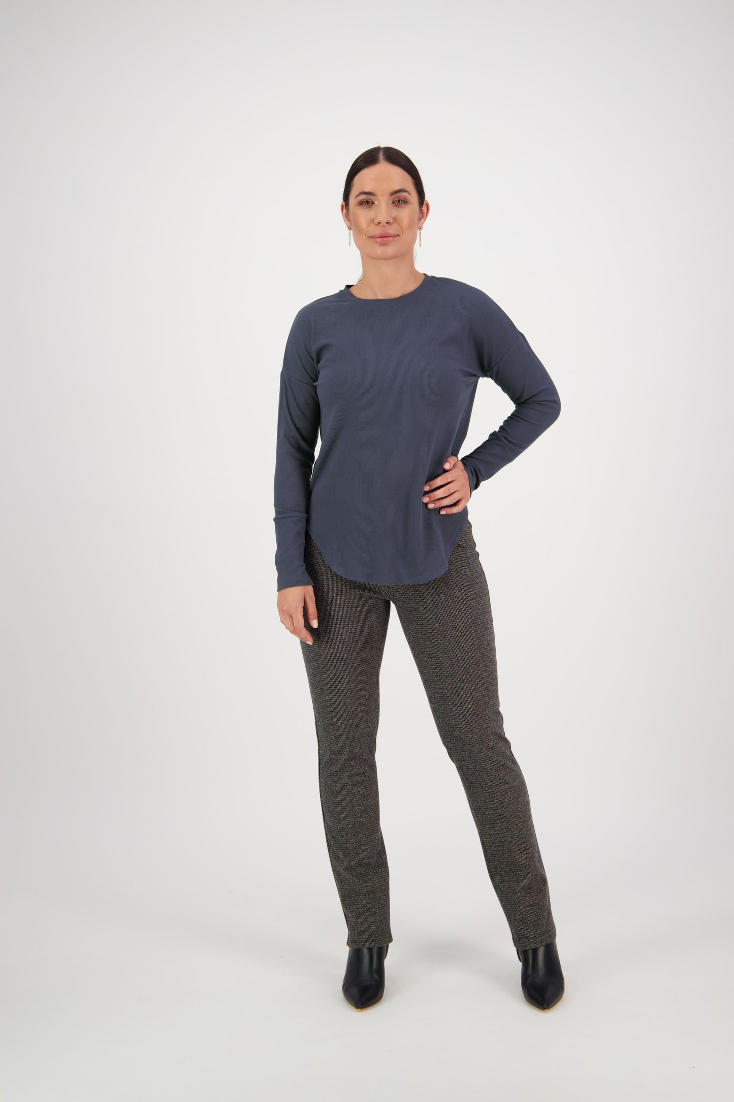4396A Denim Blue - Round Neck Top with Cuff Detail - Vassalli
