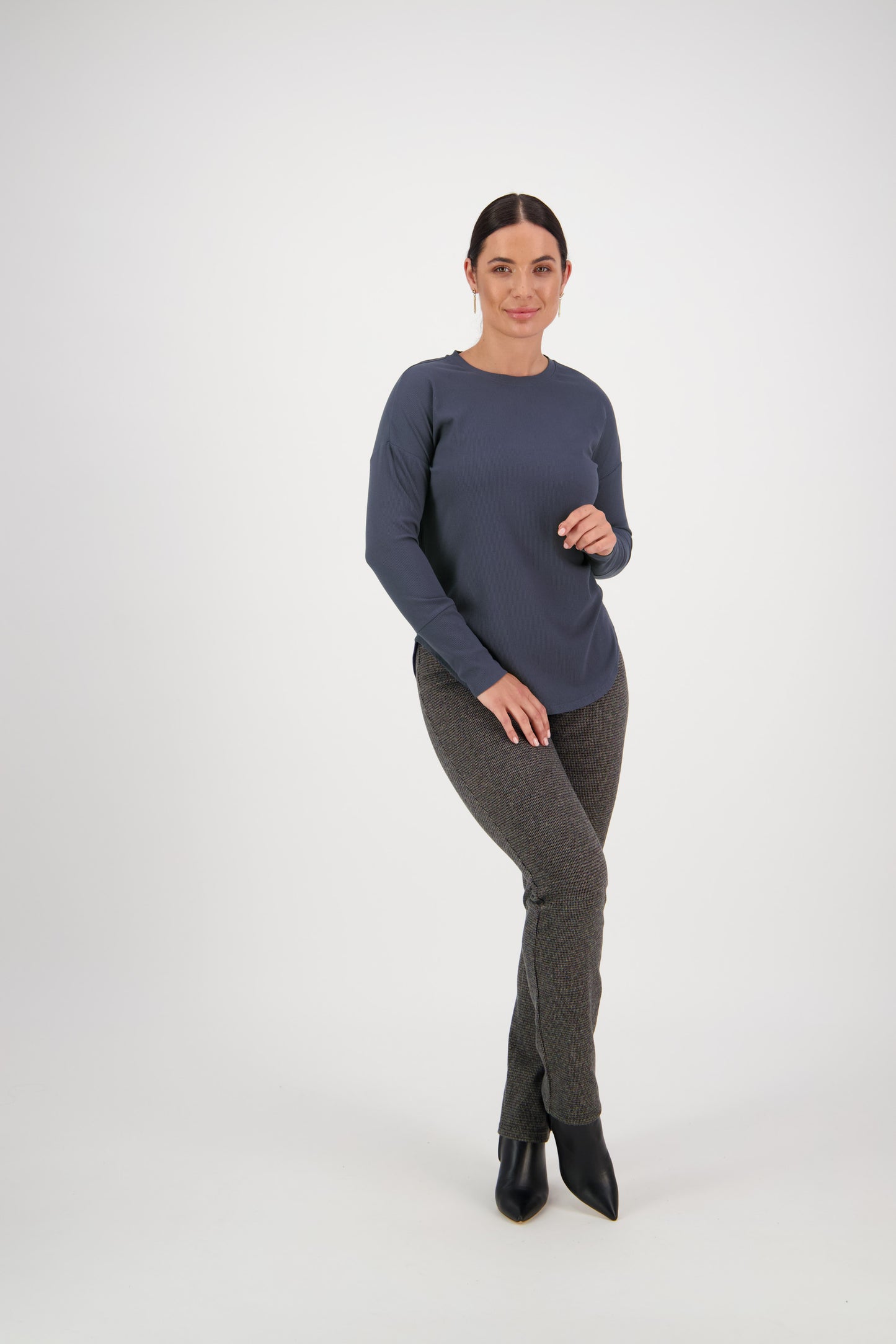 4396A Denim Blue - Round Neck Top with Cuff Detail - Vassalli