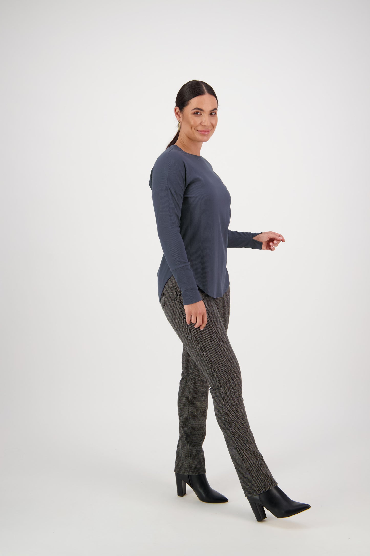 4396A Denim Blue - Round Neck Top with Cuff Detail - Vassalli