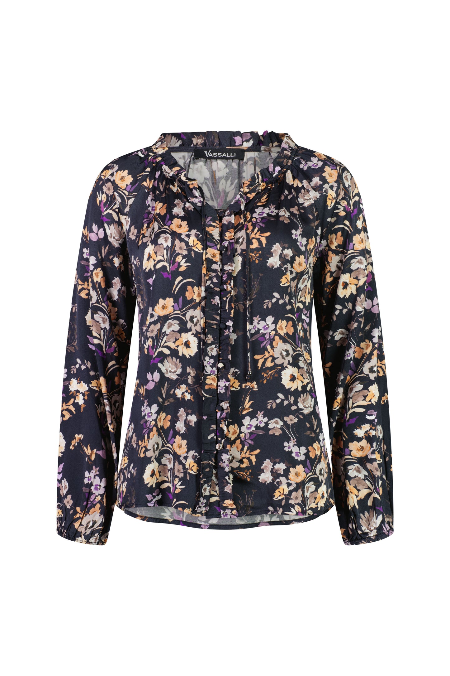 4404 Flora - Printed V Neck Top with Front Frill and Neck Ties - Vassalli
