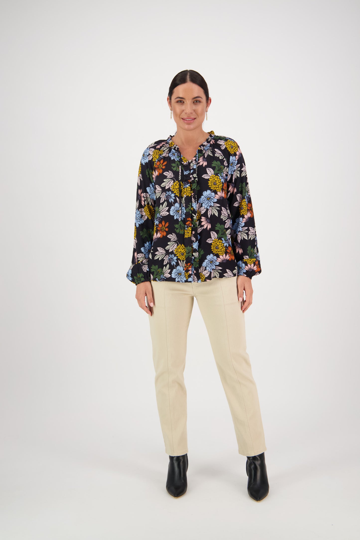 4404 Viva La Bloom - V Neck Top with Front Frill and Neck Ties - Vassalli