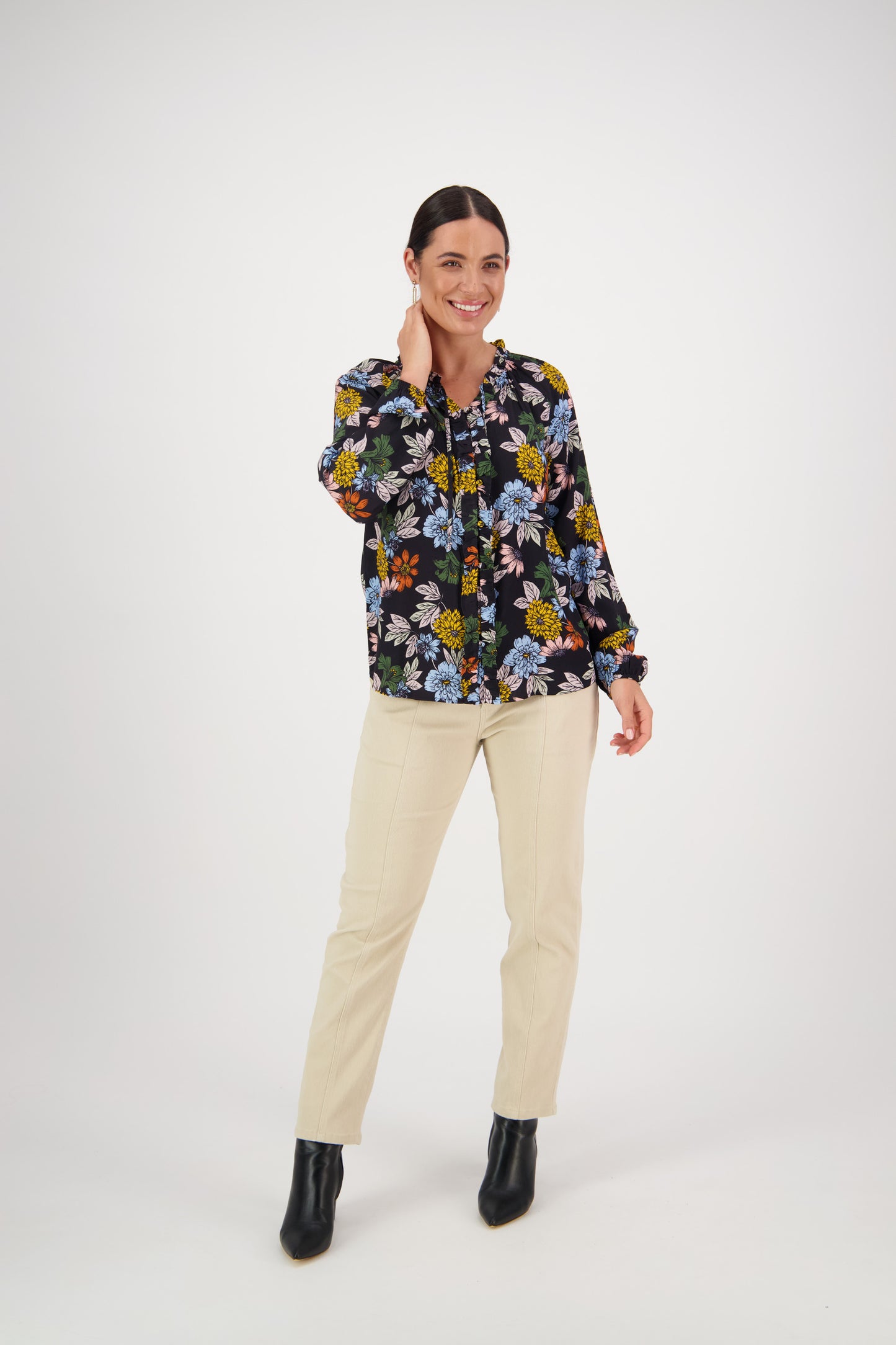 4404 Viva La Bloom - V Neck Top with Front Frill and Neck Ties - Vassalli