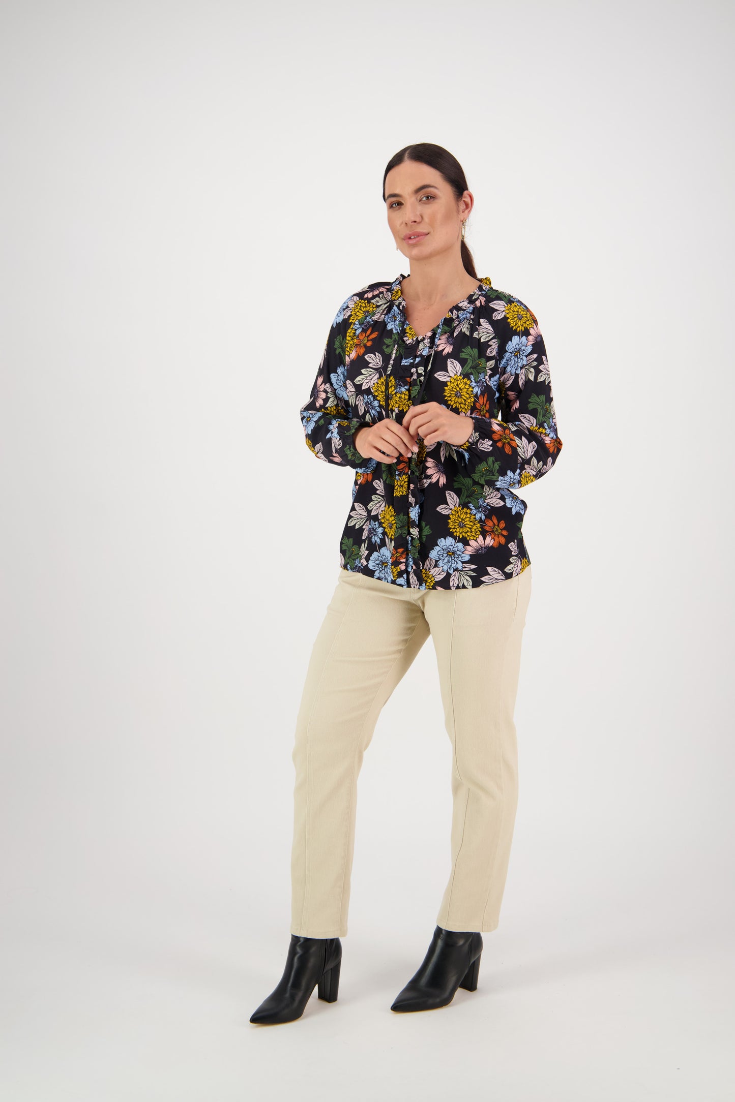 4404 Viva La Bloom - V Neck Top with Front Frill and Neck Ties - Vassalli