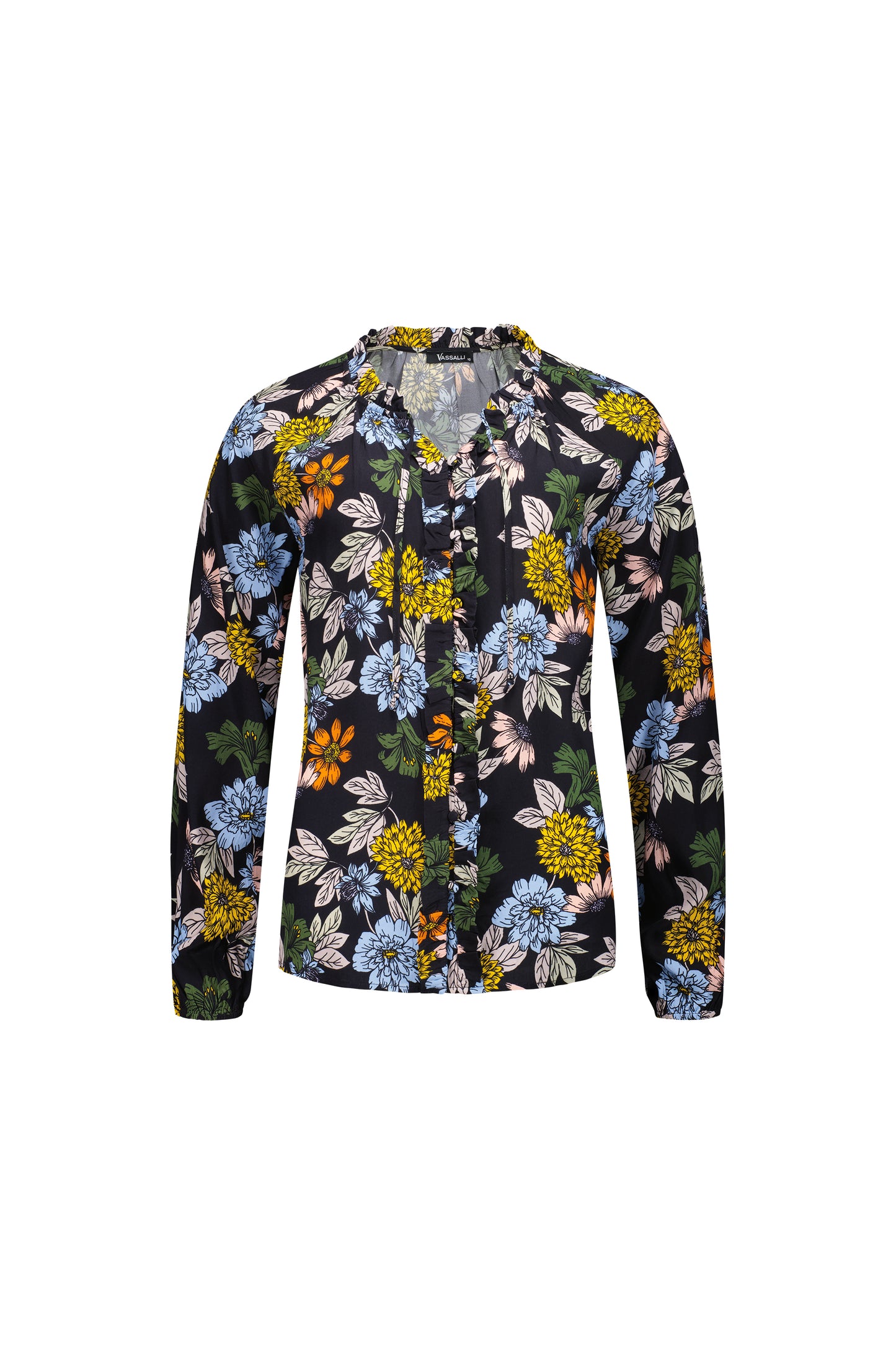 4404 Viva La Bloom - V Neck Top with Front Frill and Neck Ties - Vassalli