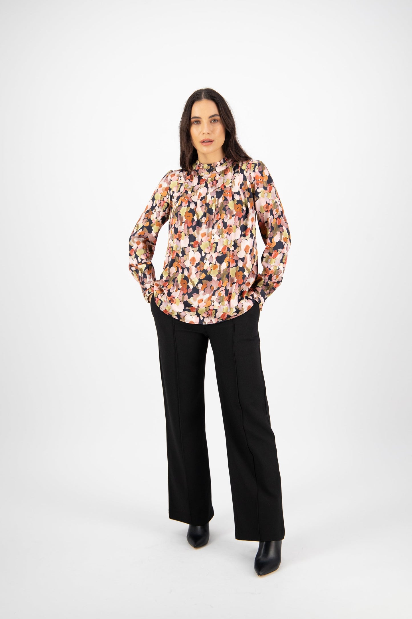 4408 Sweet Sage - Ruffle Neck Top with Pleat Front - Vassalli