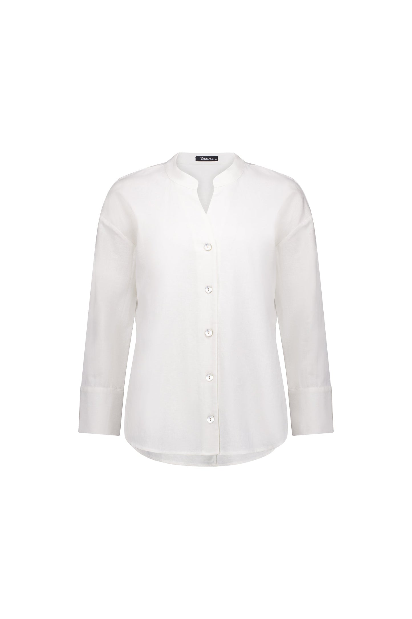 4450 White - Plain Long Sleeve Chinese Collar Shirt with Side Hem Insert - Vassalli