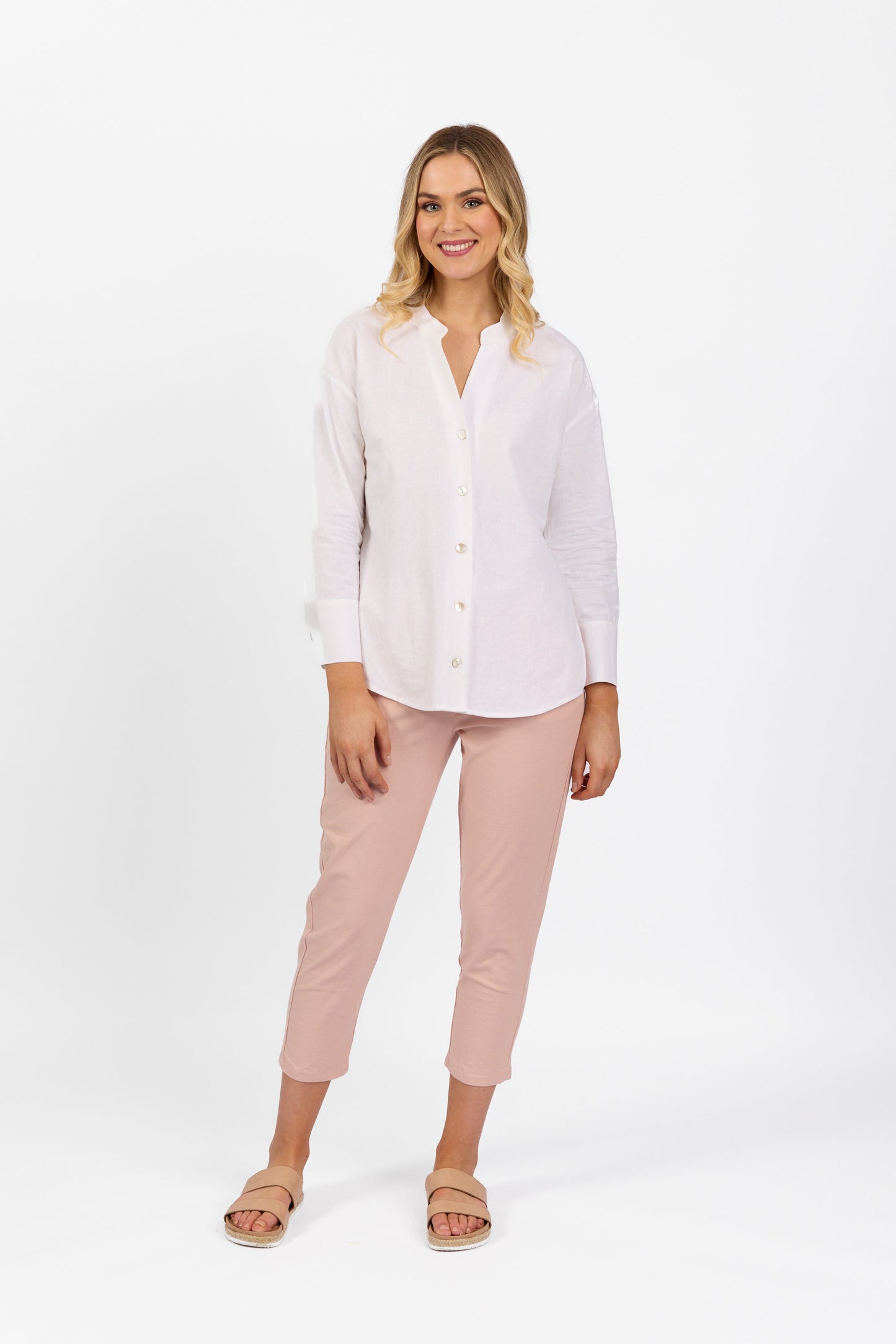 4450 White - Plain Long Sleeve Chinese Collar Shirt with Side Hem Insert - Vassalli