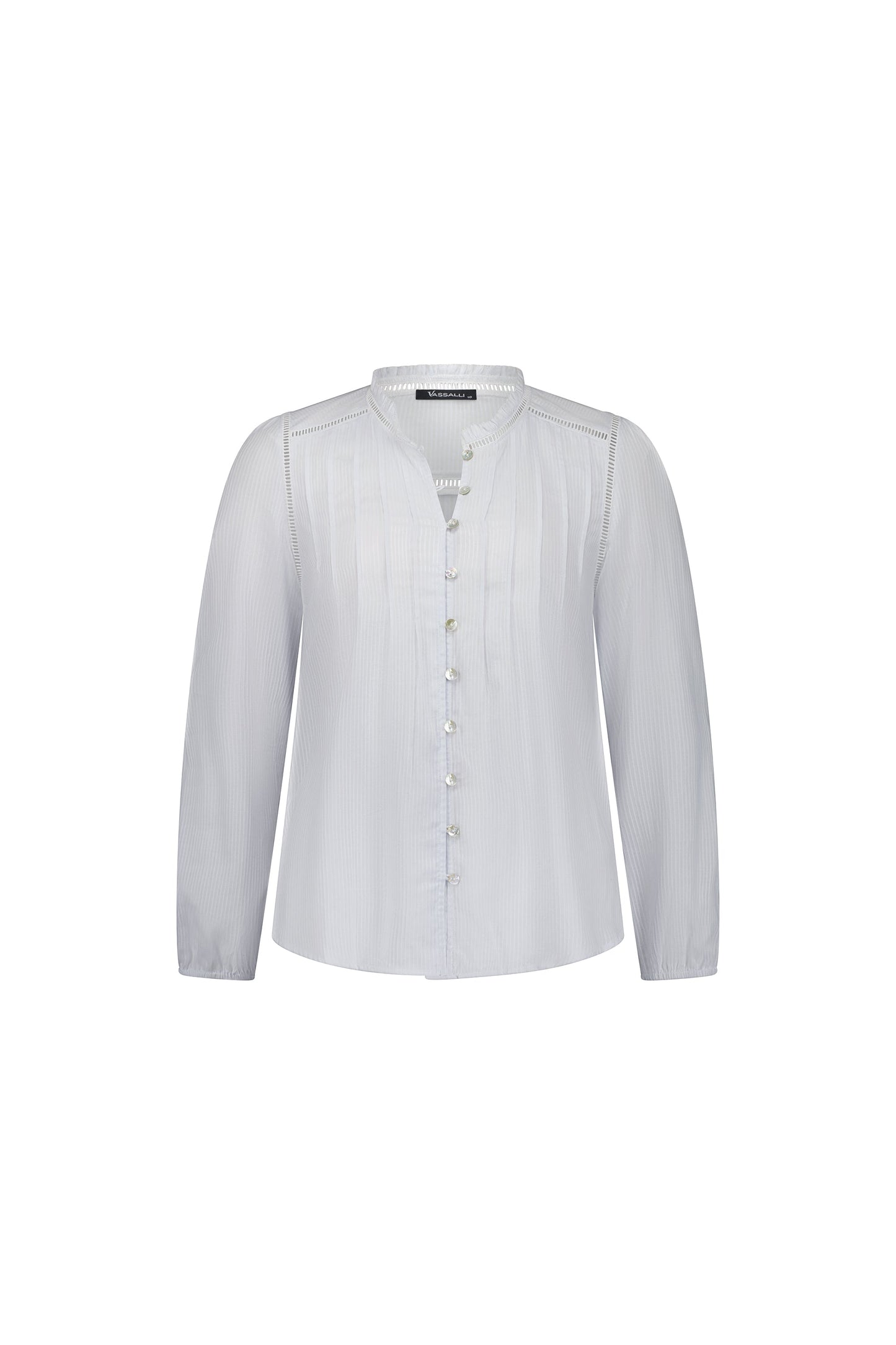4453 White - Long Sleeve Shirt with Frill Collar and Pintuck Front - Vassalli