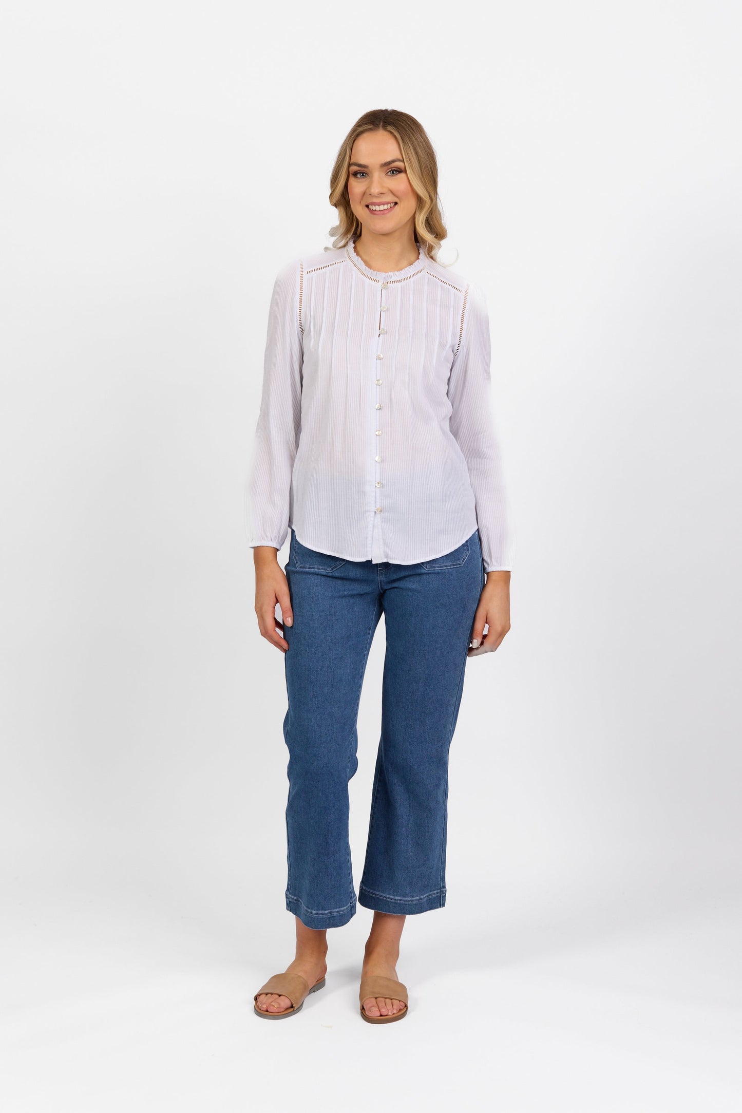 4453 White - Long Sleeve Shirt with Frill Collar and Pintuck Front - Vassalli