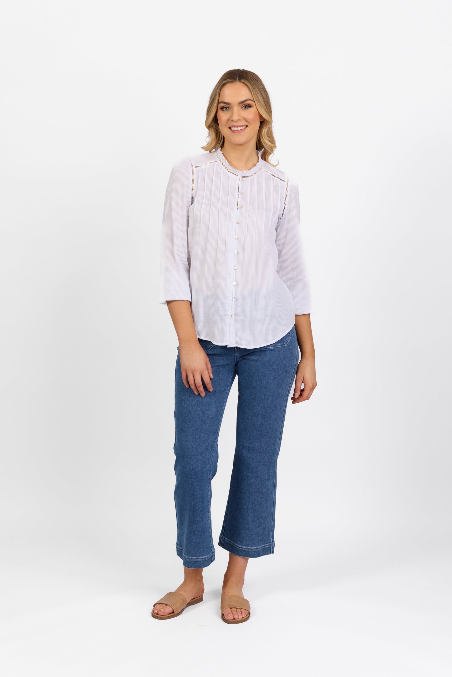 4453 White - Long Sleeve Shirt with Frill Collar and Pintuck Front - Vassalli