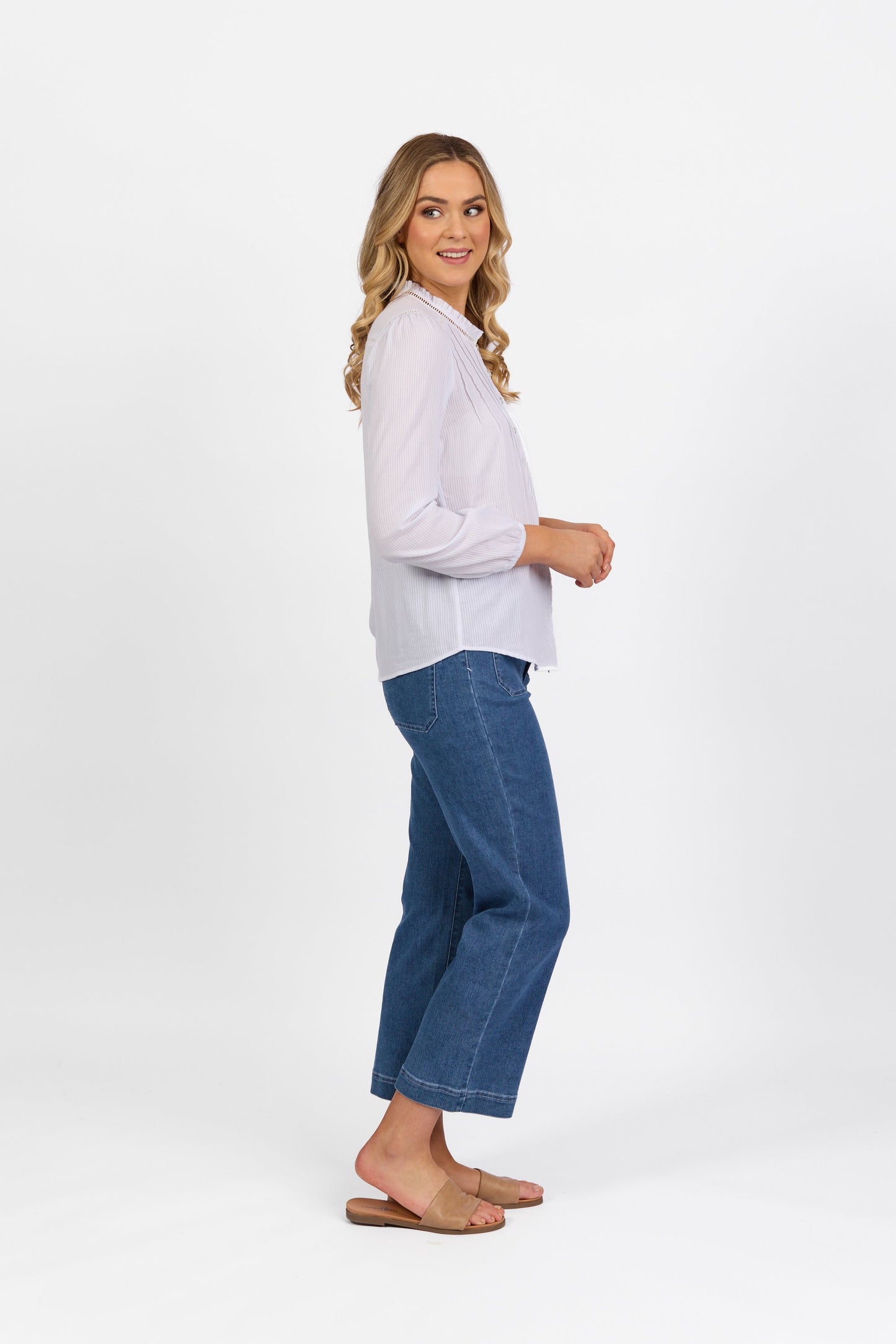 4453 White - Long Sleeve Shirt with Frill Collar and Pintuck Front - Vassalli